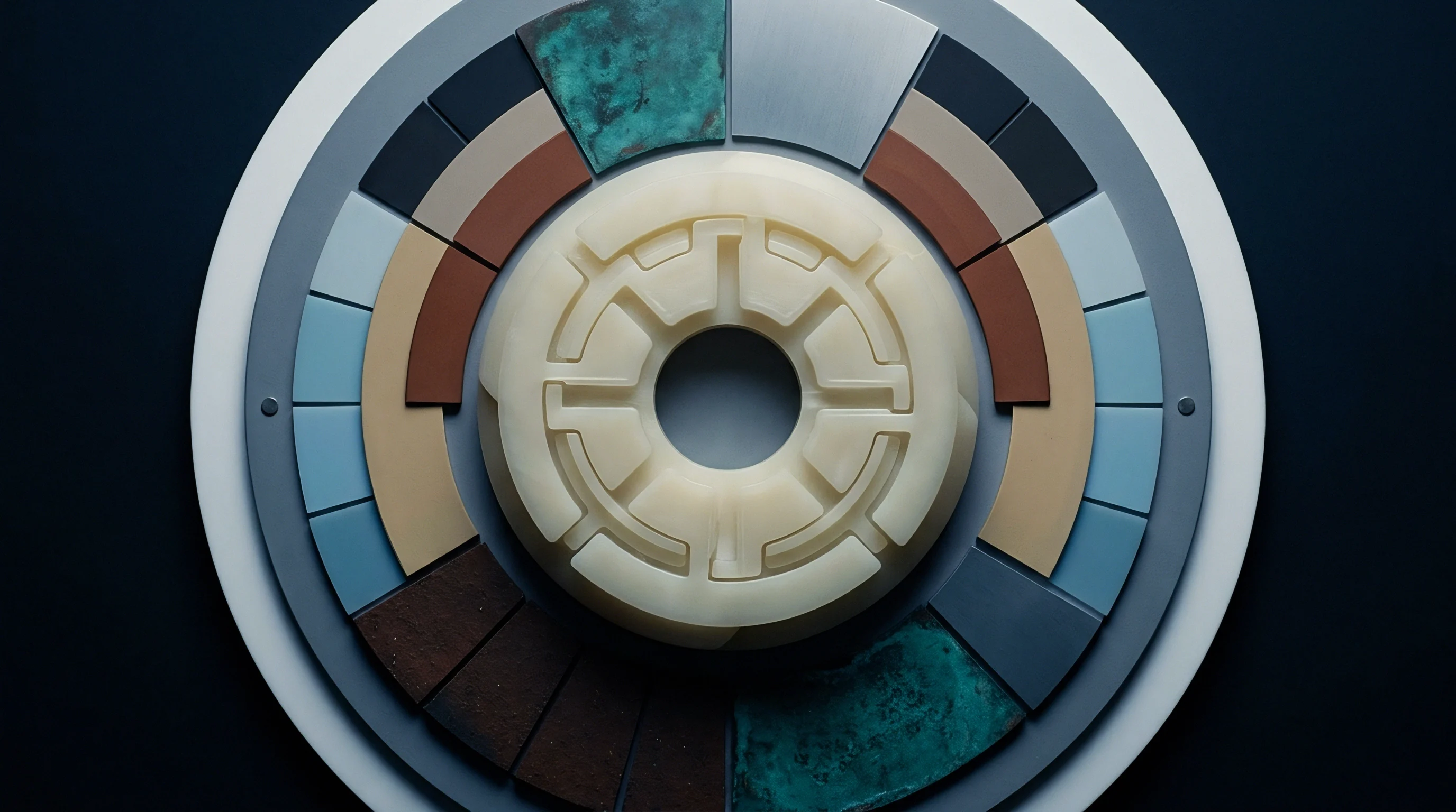 A graphic illustration displays a radial arrangement of material samples and color plaques surrounding a central moulded component on a flat surface.