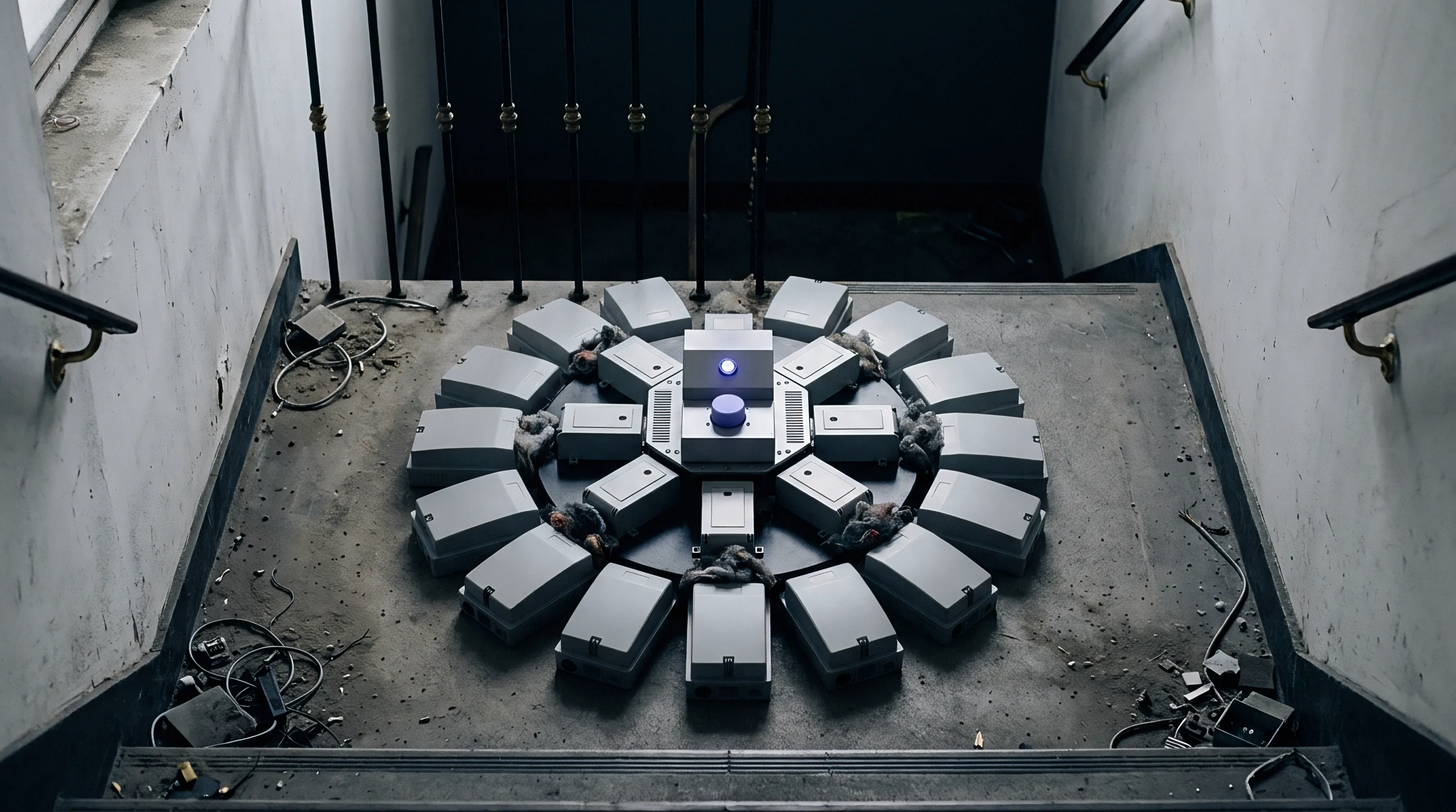 Molded polymer housings and central control modules sit in a circular geometric pattern on concrete stairs during manufacturing assessment.