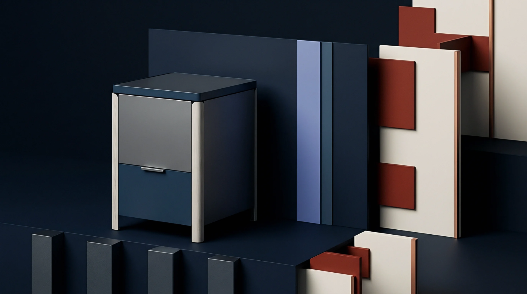 A modular storage unit constructed from interlocking injection moulded polymer panels rests on a platform within a studio setting.