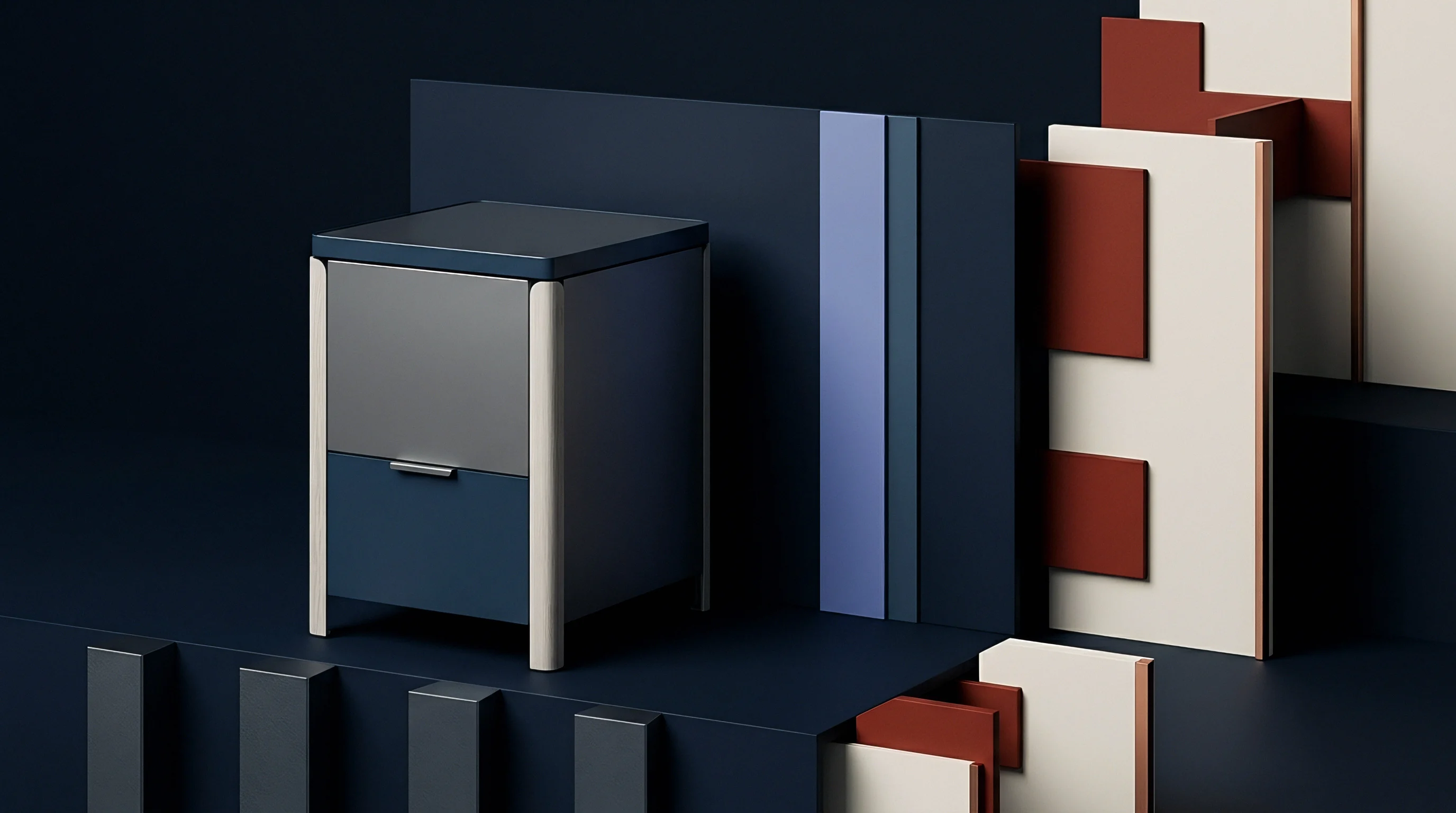 A modular storage unit constructed from interlocking injection moulded polymer panels rests on a platform within a studio setting.