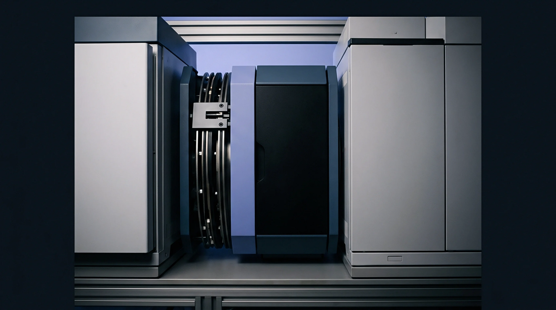 Modular industrial processing equipment features grey metallic enclosures flanking a central blue unit mounted on an extruded aluminum frame base.