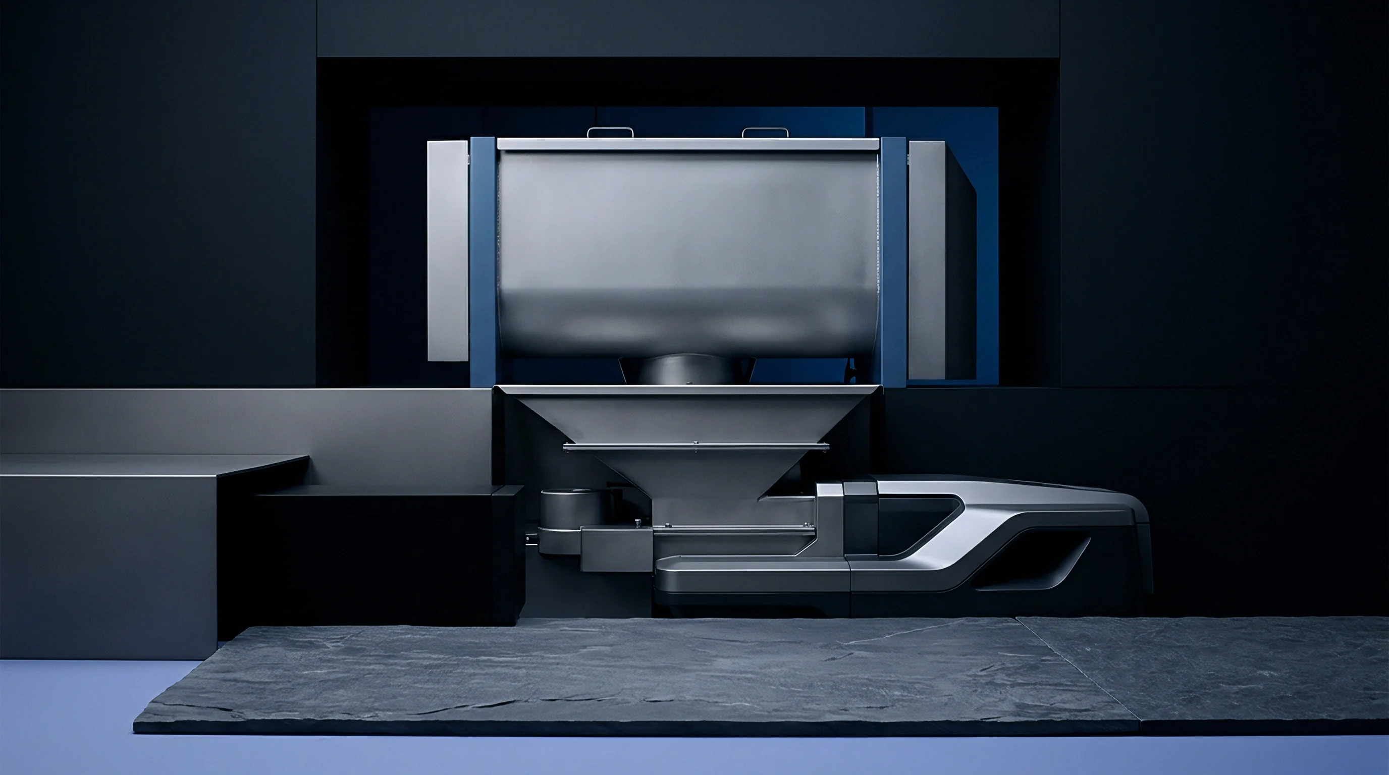 A modular polymer compounding extrusion unit features a stainless steel material hopper positioned above industrial processing hardware within a darkened exhibition facility backdrop.