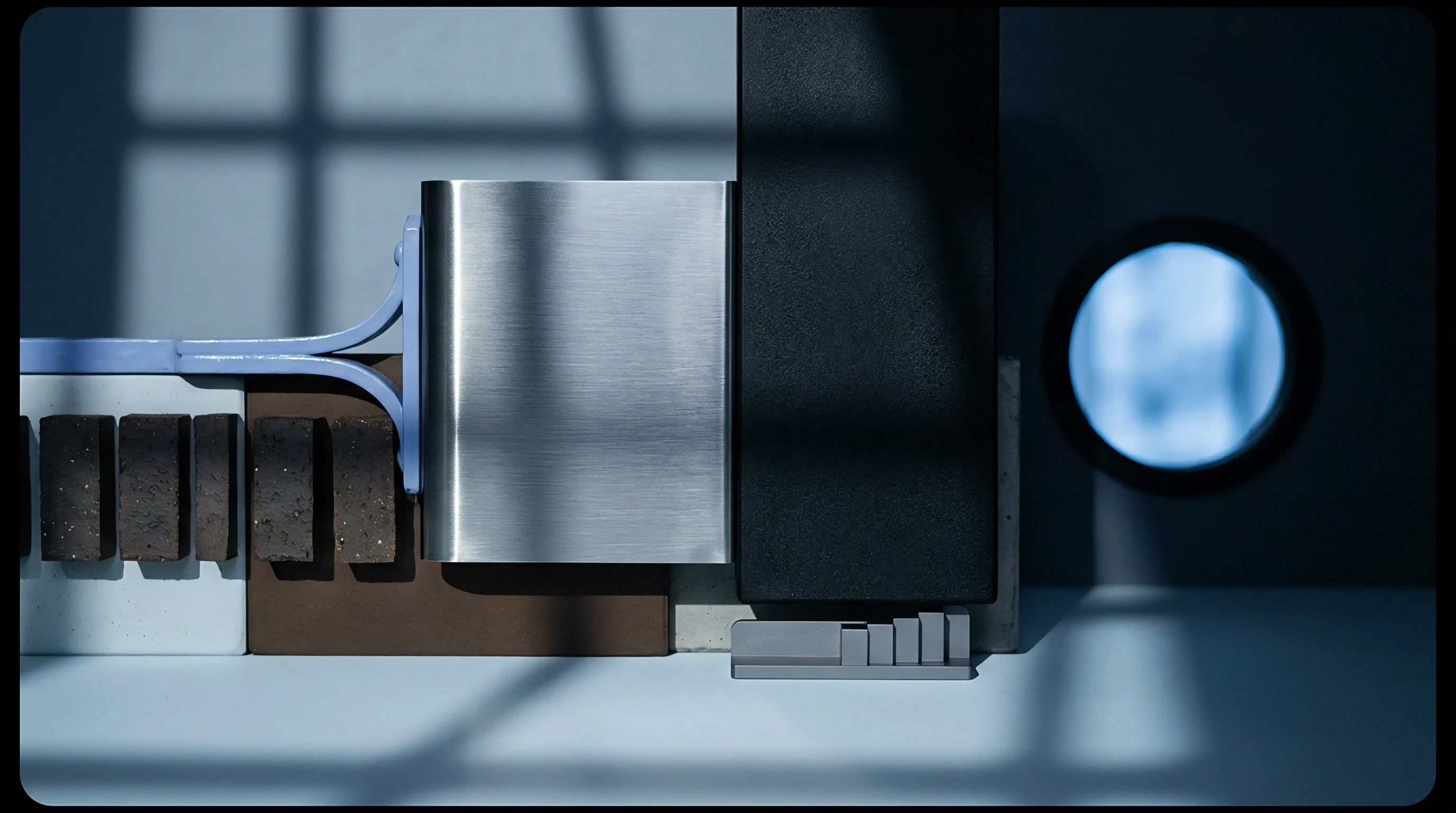 Brushed metal blocks and geometric polymer elements align alongside a series of dark rectangular inserts within a studio setting defined by directional light.