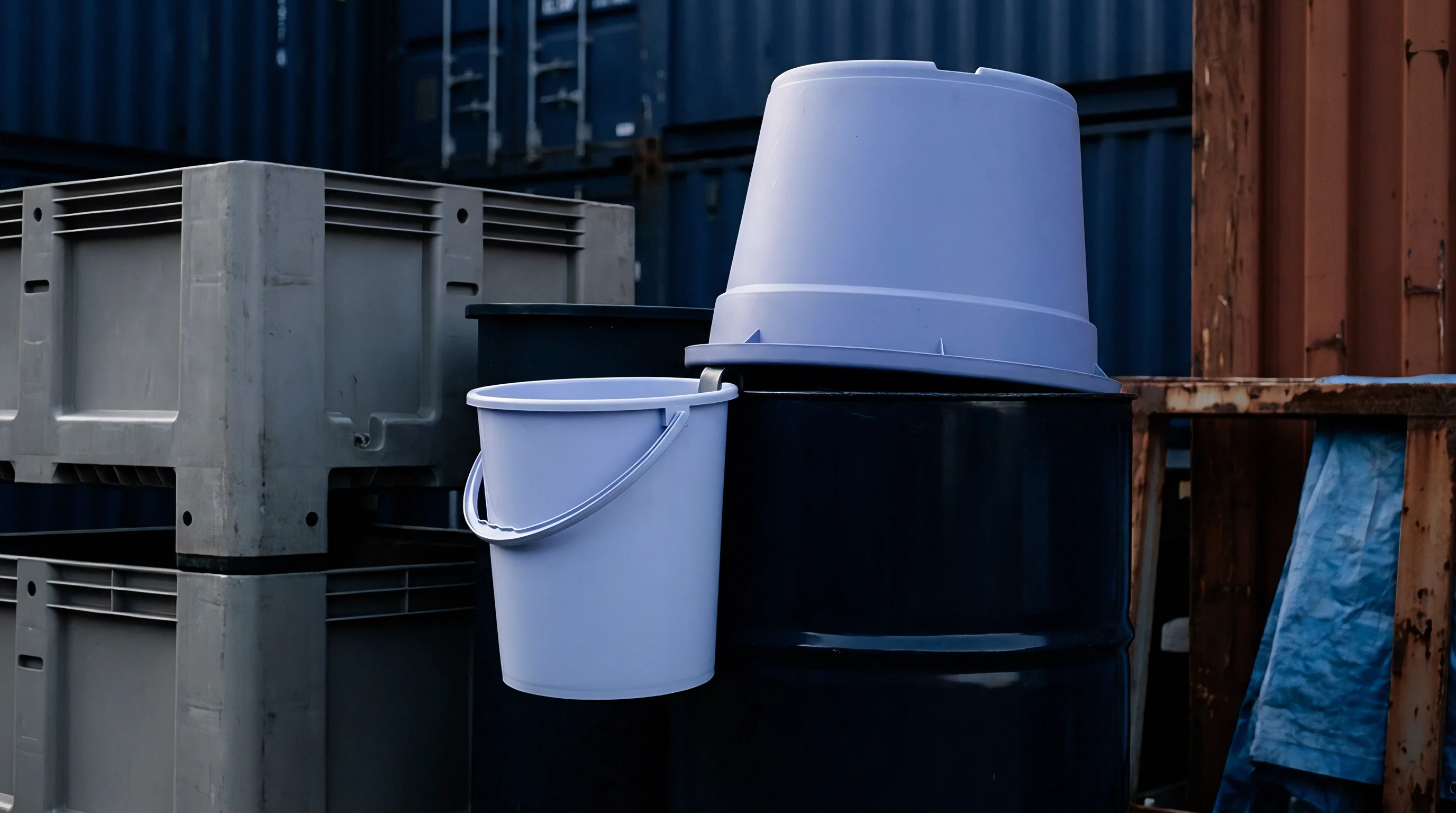 Injection molded polymer containers and industrial drums occupy an outdoor logistics yard beside heavy storage bins.
