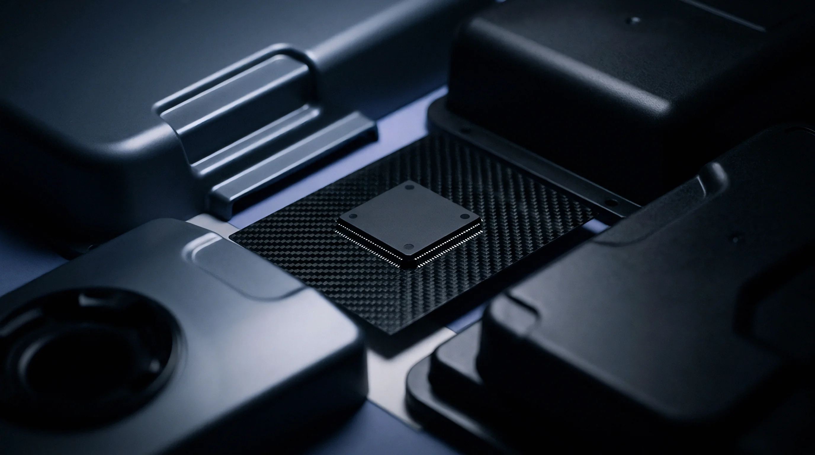 Dark injection molded polymer enclosures and a central microchip mounted on a textured carbon composite board rest on a flat surface.