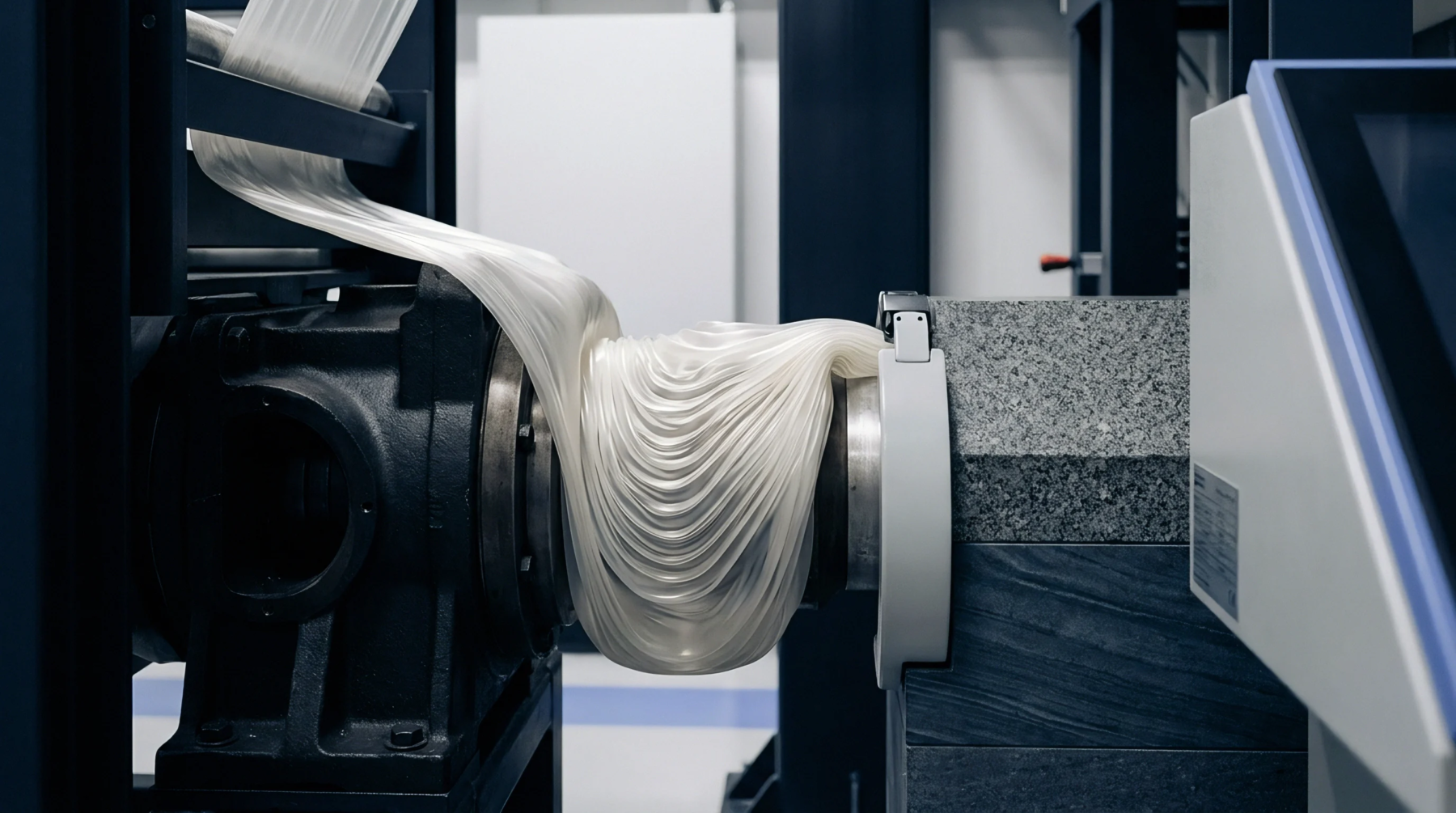 A molten thermoplastic strand flows from an industrial nozzle onto a rotating mandrel within a controlled manufacturing environment for processing evaluation.