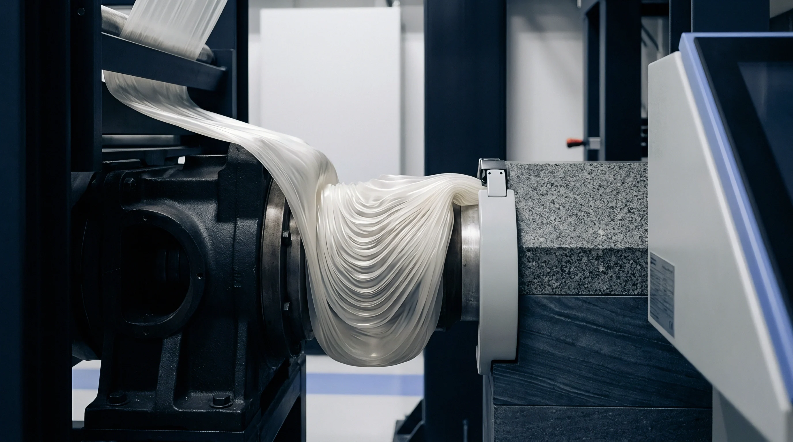 A molten thermoplastic strand flows from an industrial nozzle onto a rotating mandrel within a controlled manufacturing environment for processing evaluation.