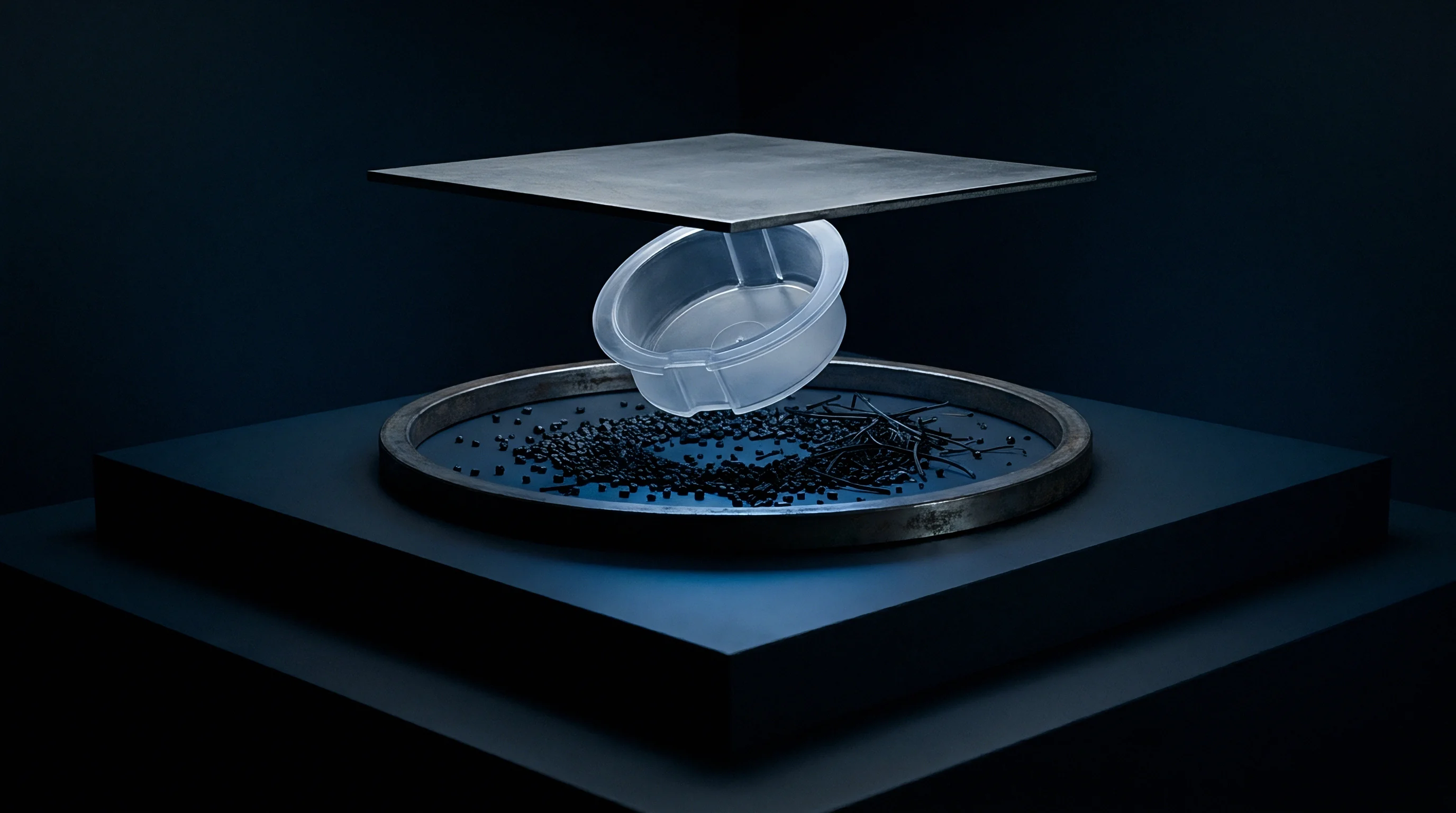 A digital render shows a clear plastic circular tray suspended between a square steel plate and a ring filled with black polymer granules.