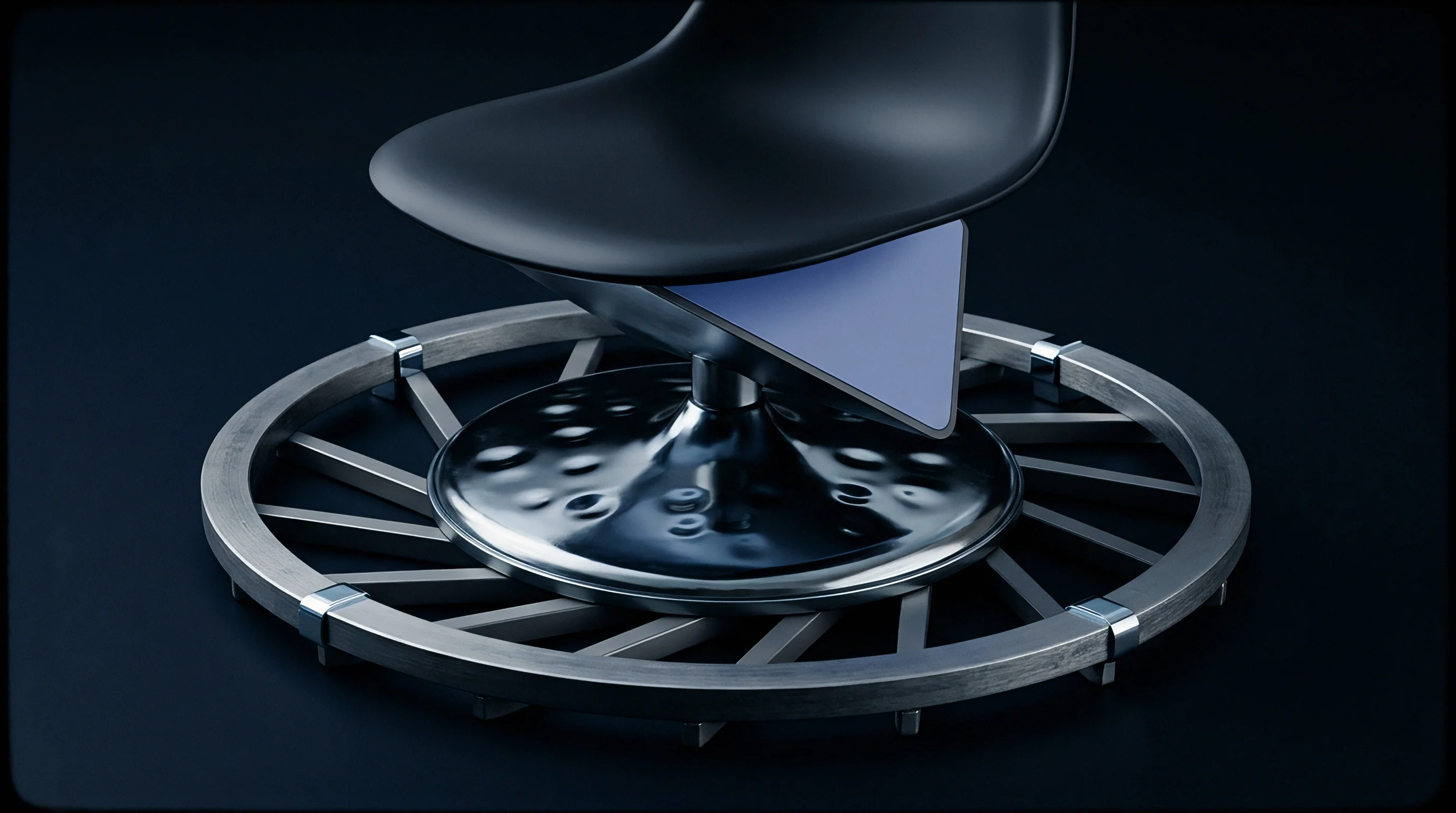 An industrial render displays a moulded black polymer seat shell mounted on a polished metallic pedestal and circular spoke turntable structure.