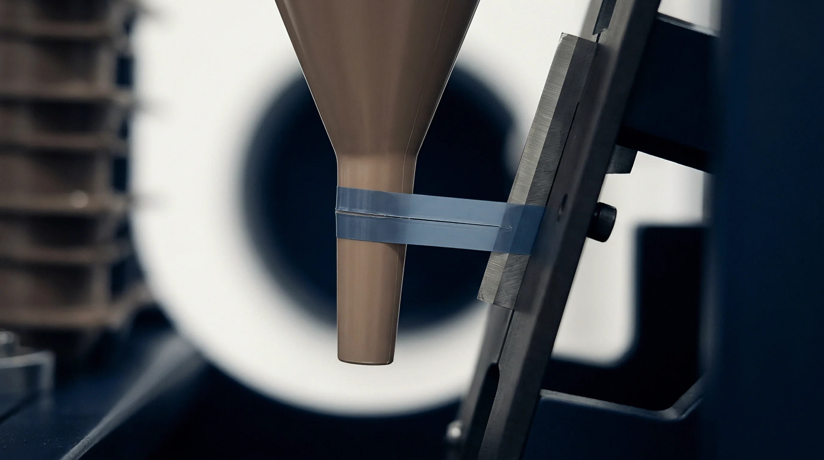 A light brown molded polymer component, shaped like a funnel, is temporarily secured to a dark metallic plate using blue adhesive film in a production environment.