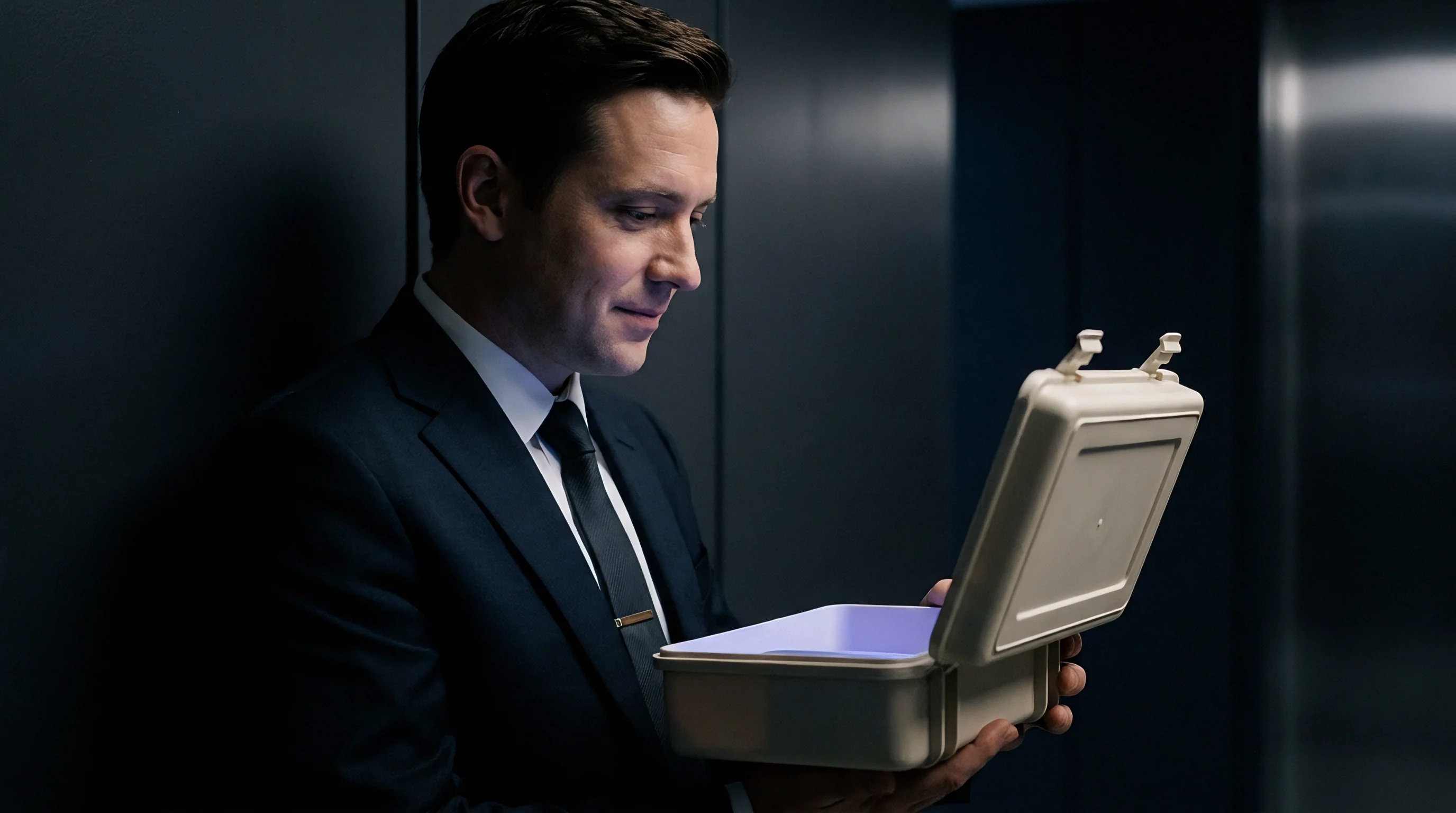 A man in a dark suit attentively inspects an open, light-colored plastic moulded case emitting a soft purple glow from its interior.