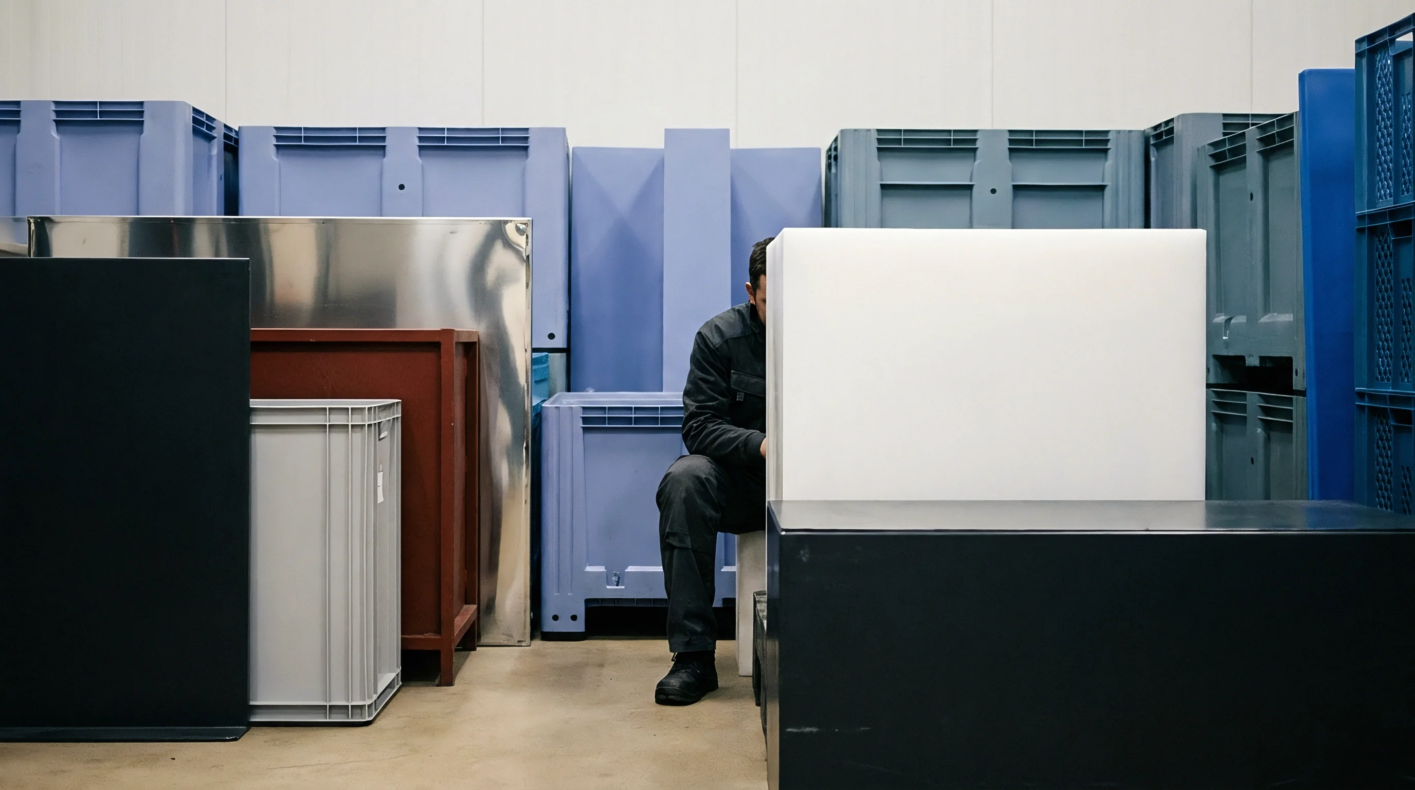 Moulded polymer industrial crates and bulk containers of various sizes are stacked in a storage facility, with a worker partially visible.