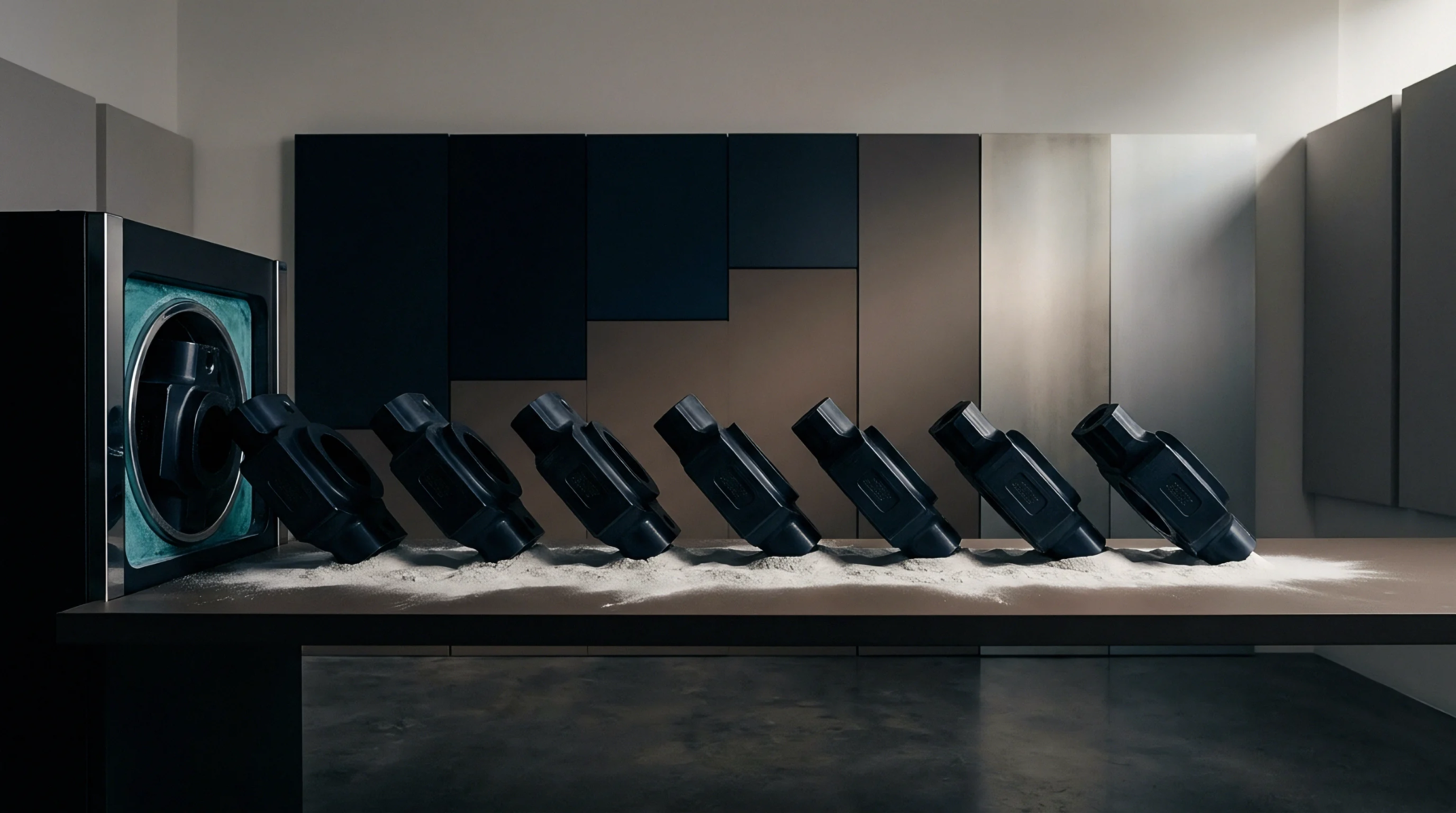 Black moulded polymer components stand in a row like dominoes on a flat workbench beside processing equipment with polymer powder scattered below.