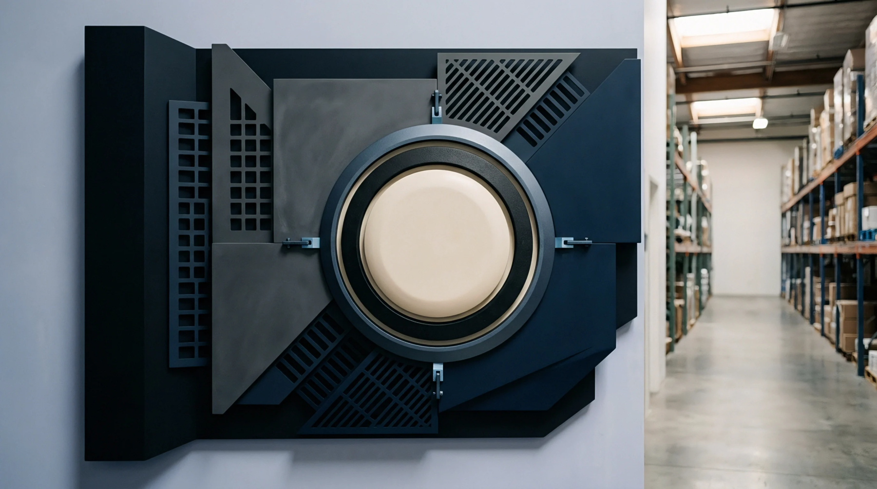 A multi component injection molded polymer assembly comprises concentric circular tooling and dark geometric plates mounted on a wall inside a manufacturing warehouse.