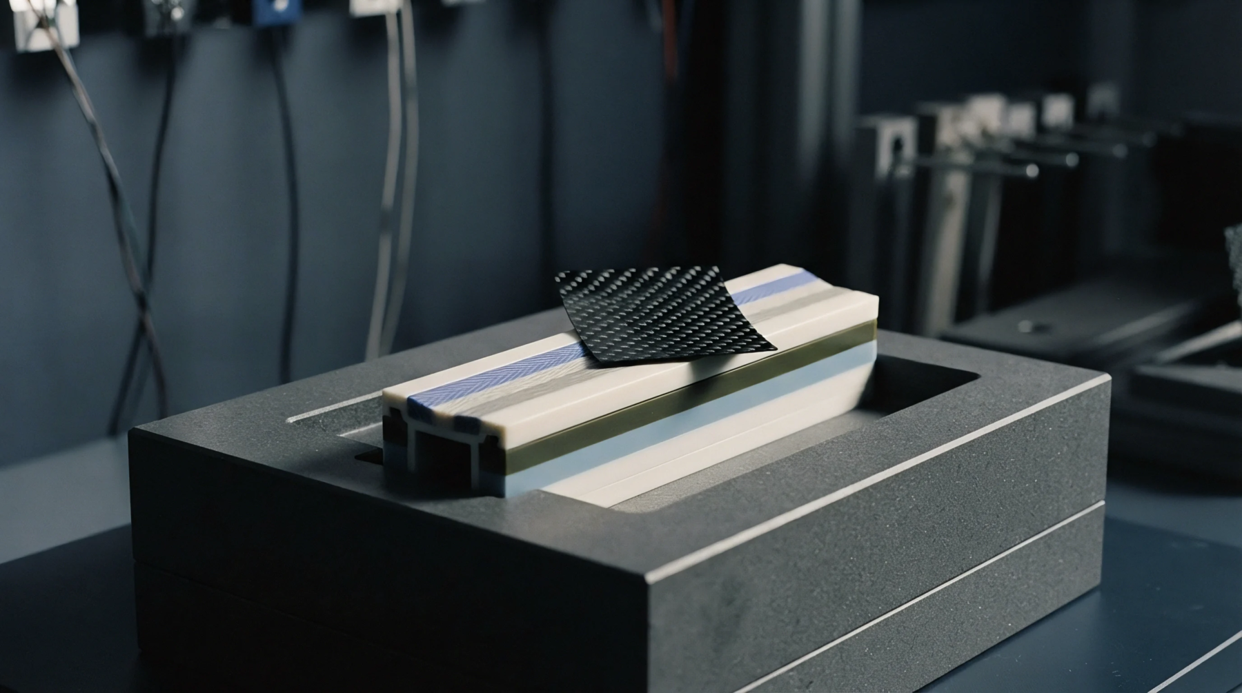 A small carbon fiber sample rests on a multi-layered polymer composite block, precisely positioned within a dark grey testing fixture in a controlled laboratory environment.