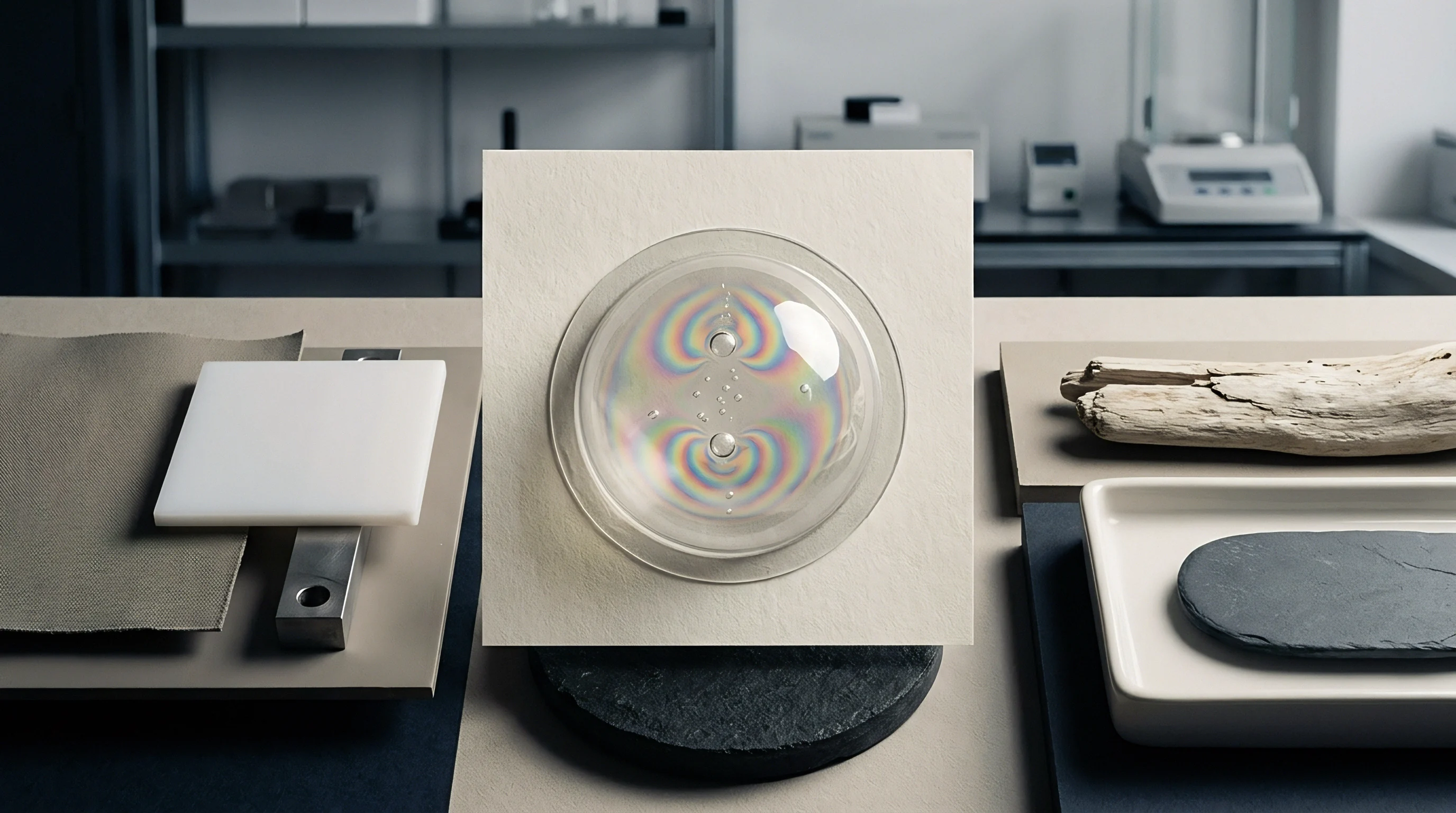 A transparent polymer hemisphere exhibits rainbow birefringence fringe patterns while resting centered on a neutral material board inside a testing laboratory.