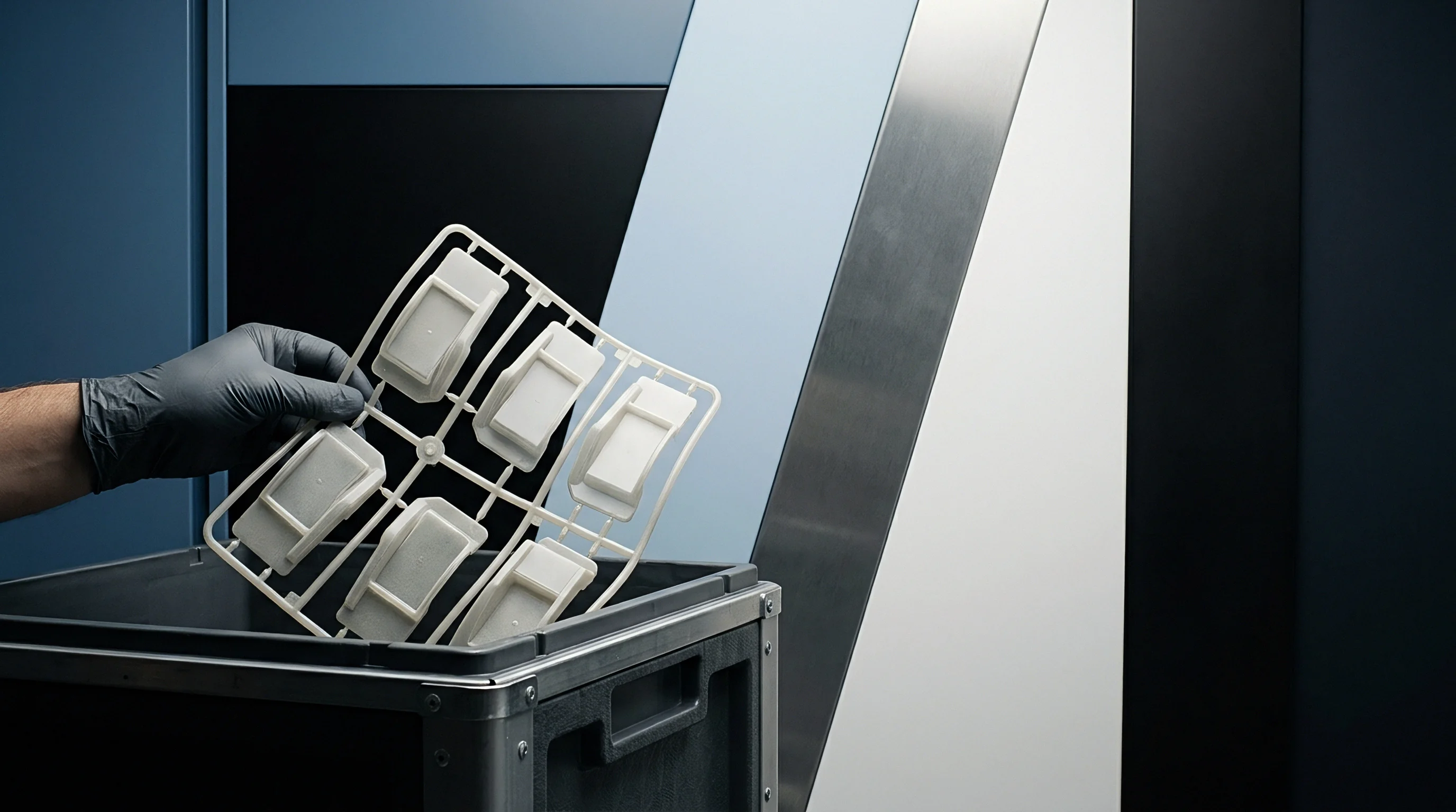 A gloved hand places a white injection molded runner system containing six distinct plastic components into an industrial storage crate.