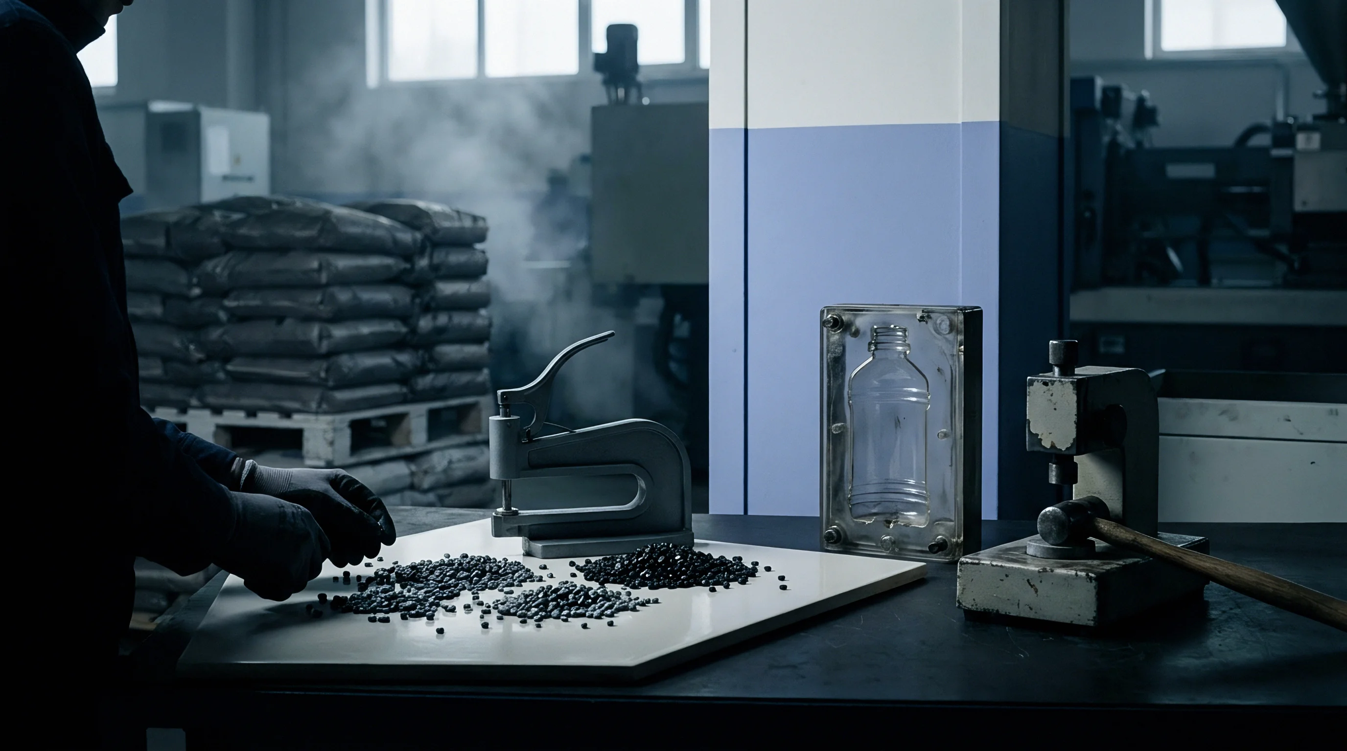 Gloved hands working with dark plastic pellets near a bottle mold and a pressing tool in an industrial workshop environment.