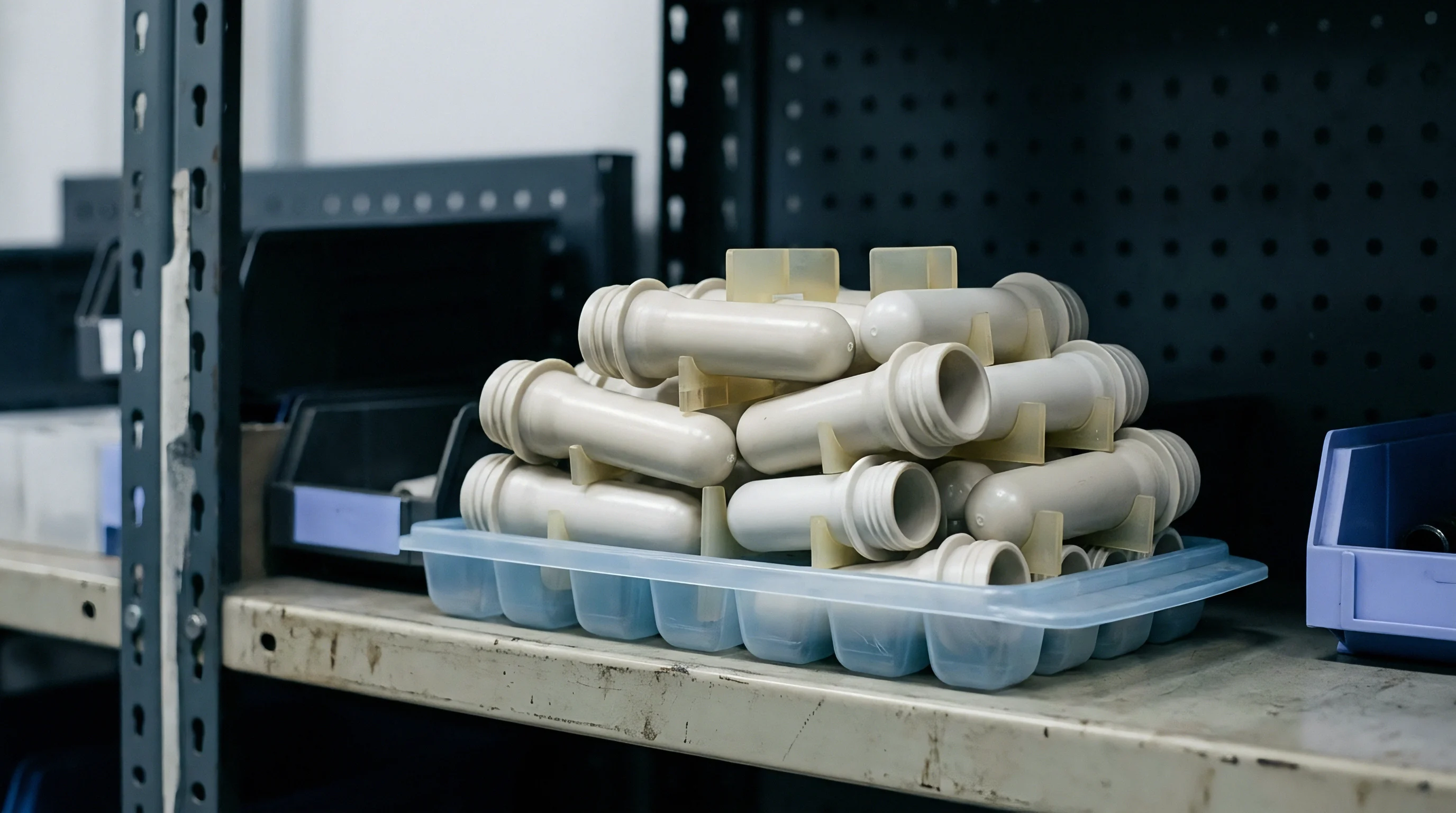 Molded polymer preforms rest in a blue plastic organizer tray on a metal shelving unit inside a manufacturing workshop.