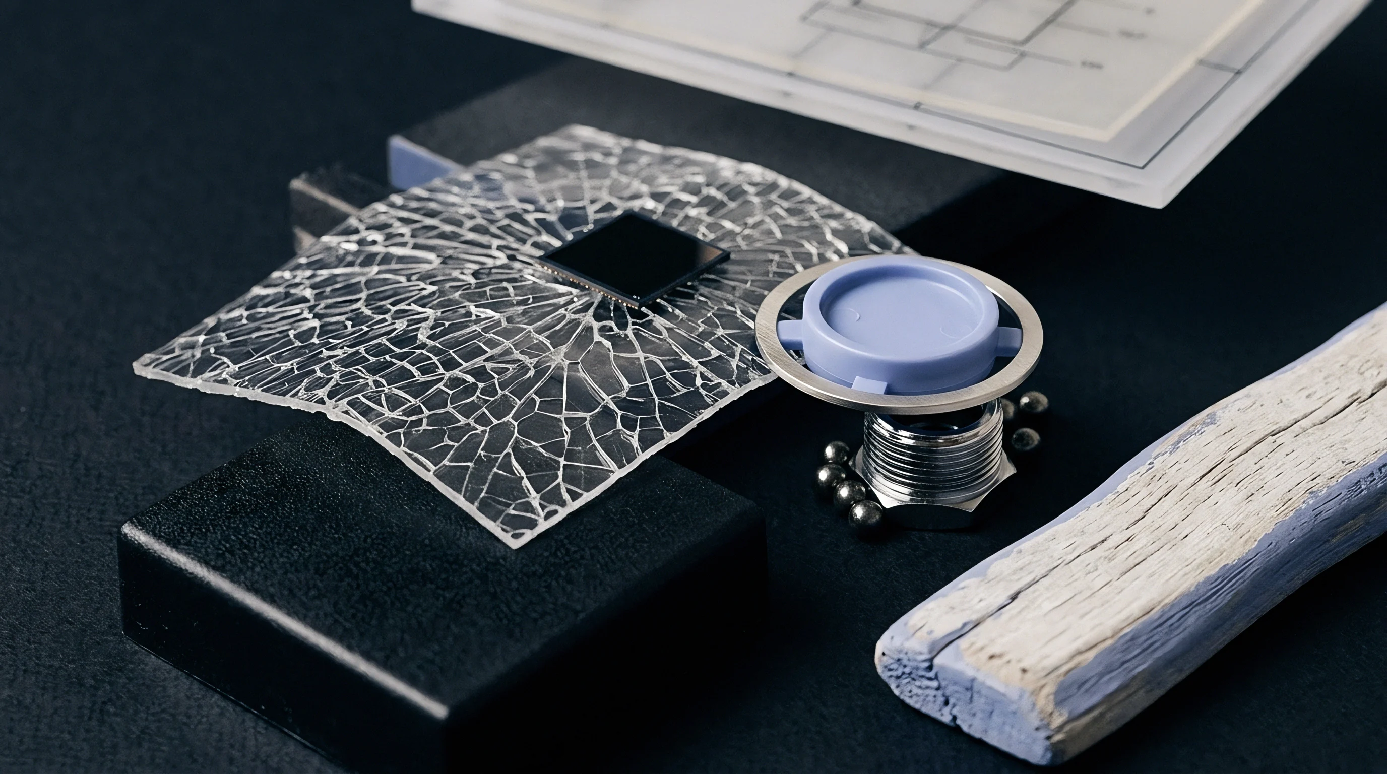 A shattered transparent polymer sheet with an electronic chip sits beside a molded blue plastic cap on a dark surface.