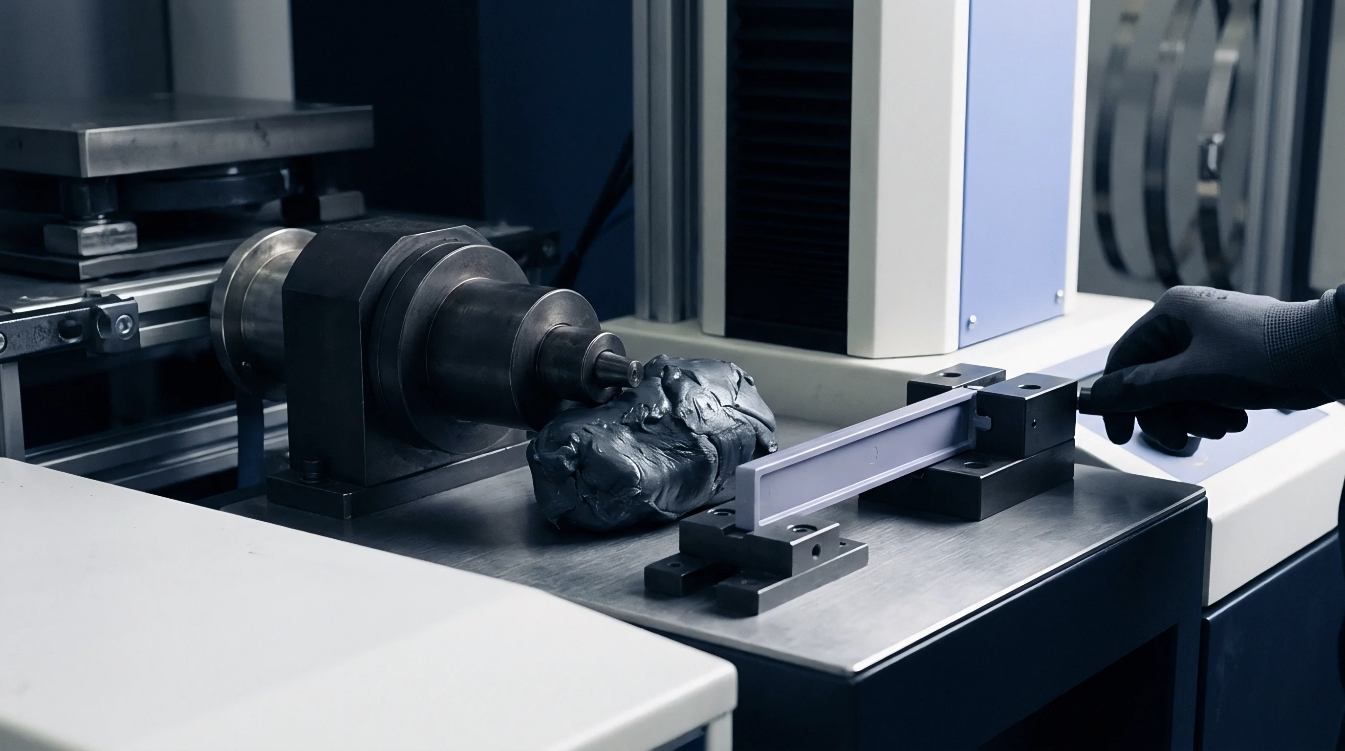 A dark polymer compound sample undergoes mechanical testing beneath a metal probe next to a clamped moulded bar inside a laboratory.