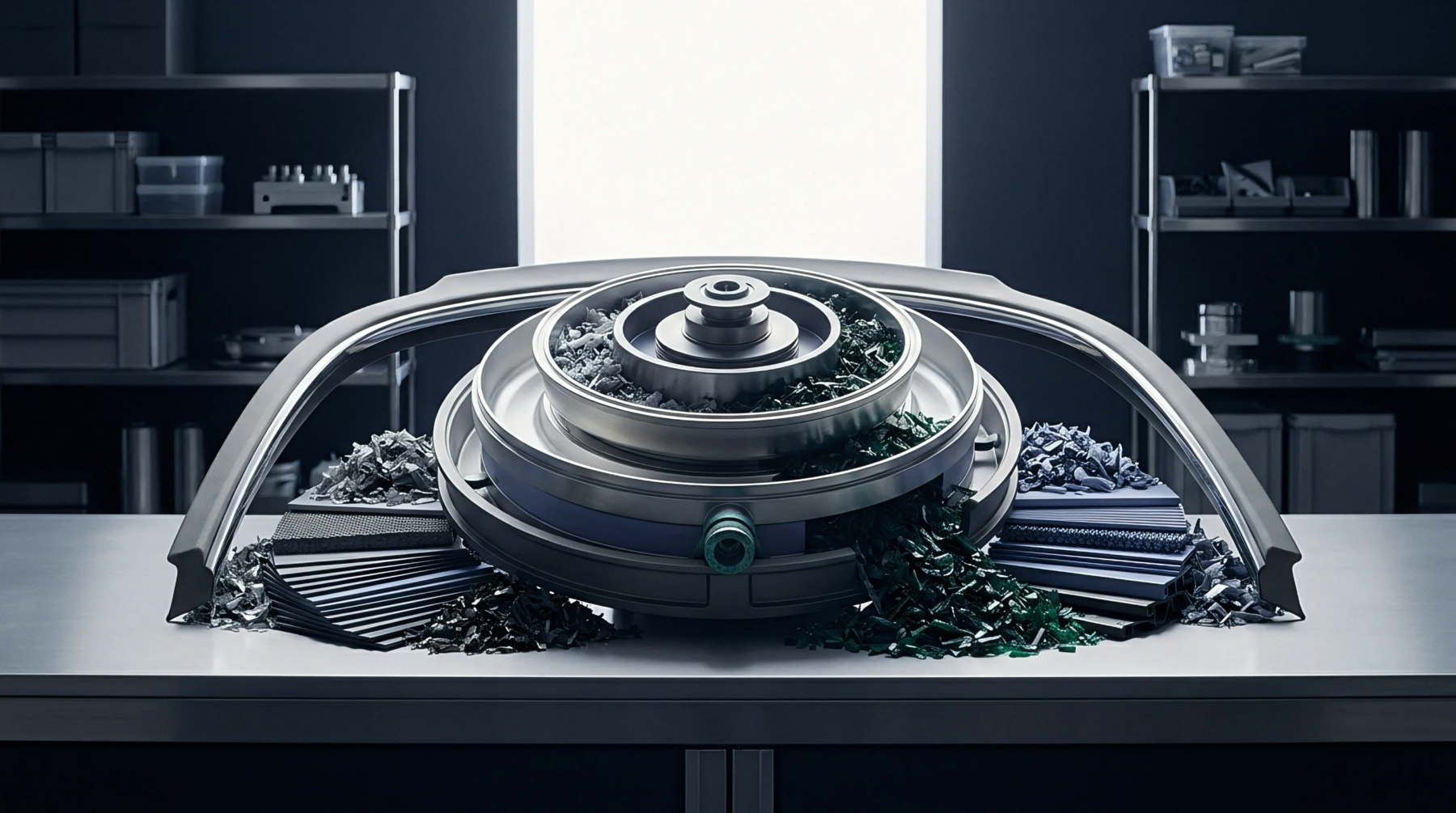 Digital rendering reveals processed plastic granulate samples and polymer film layers positioned near a circular mechanical separator on a workspace table.