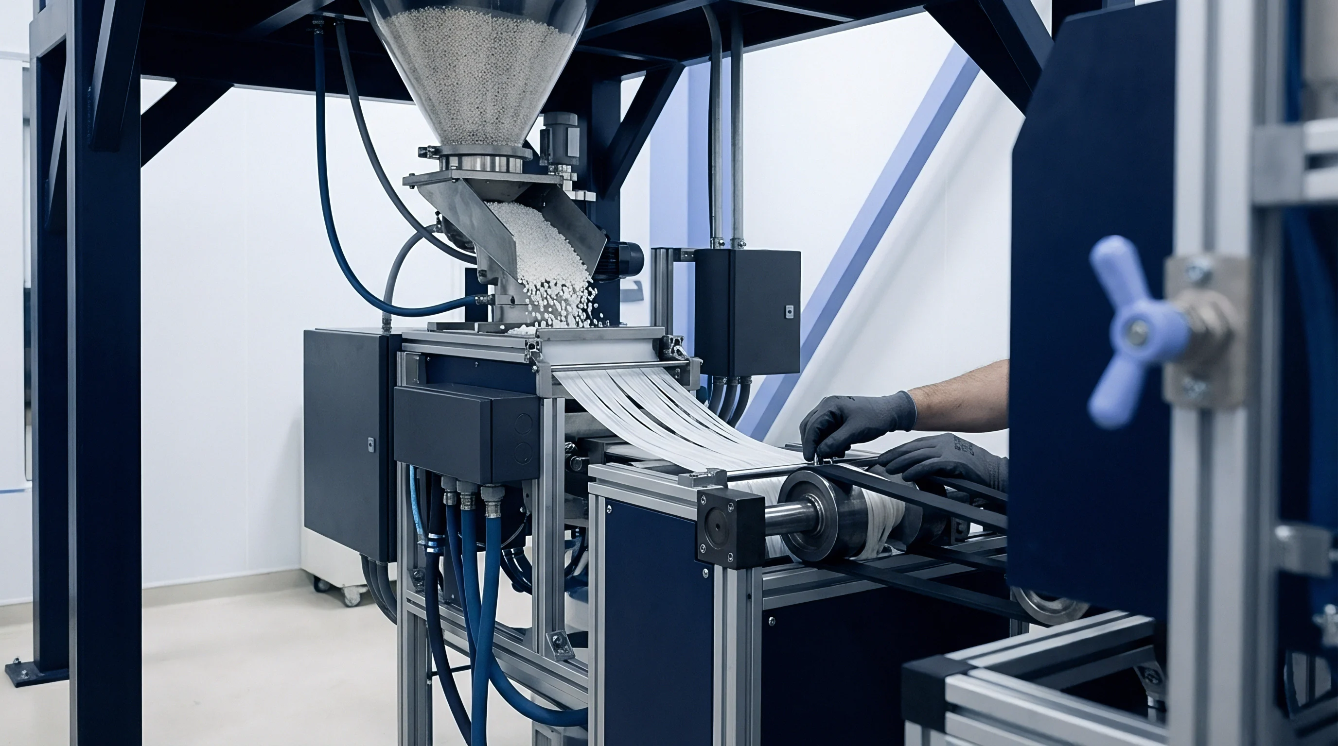 Polymer pellets flow from an elevated conical hopper into an industrial extrusion machine producing continuous white strands inside a manufacturing facility.