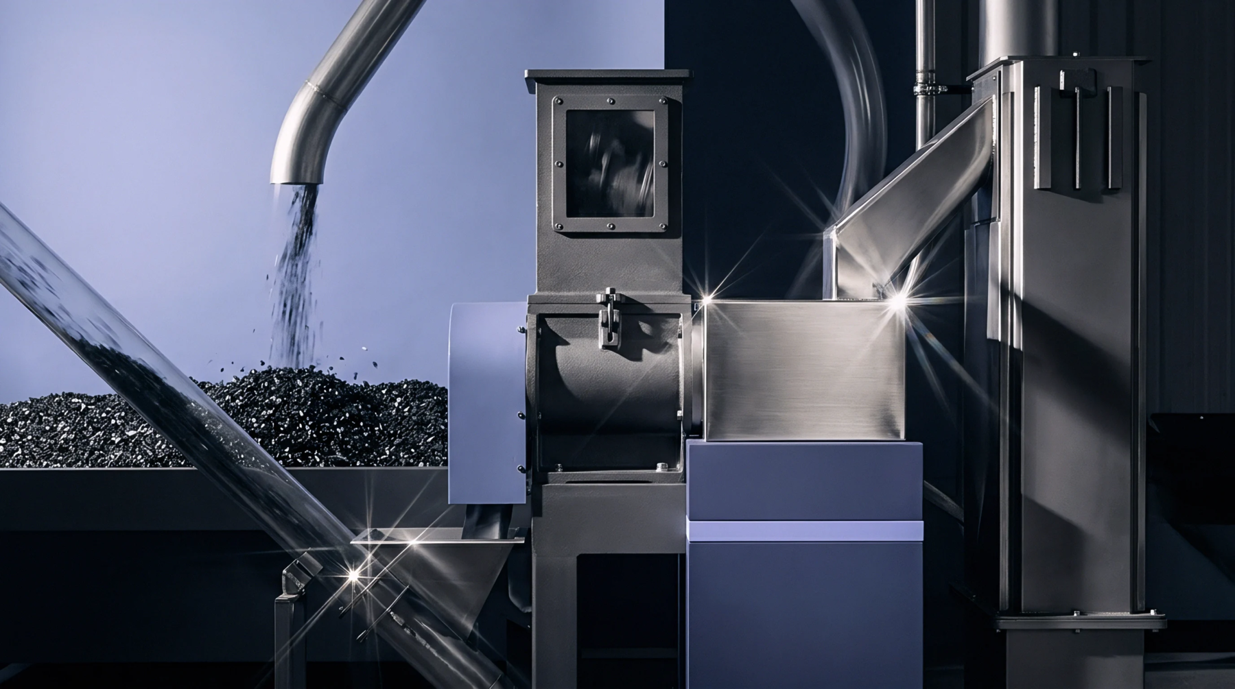 Black polymer pellets cascade through a stainless steel vacuum feed pipe into an industrial production hopper unit.