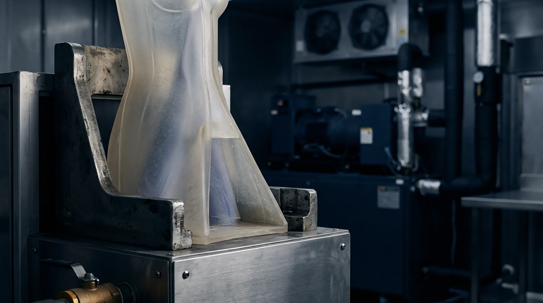 A translucent polymer hollow part rests inside a heavy metal tooling fixture on an industrial manufacturing production floor.