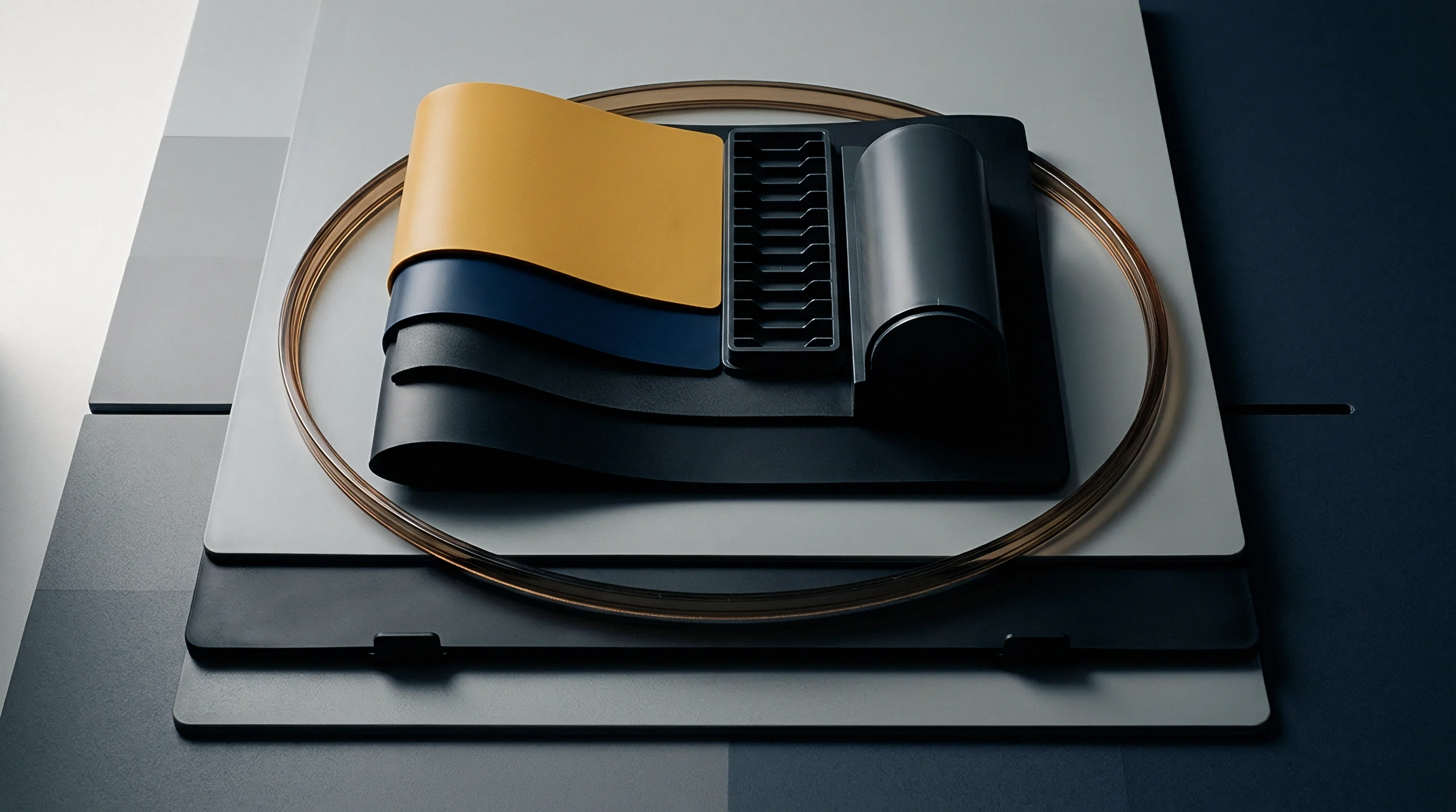 Flexible polymer sheets in yellow blue and black form a digital render atop a dark injection moulded base featuring ribbed geometry and a cylindrical section.