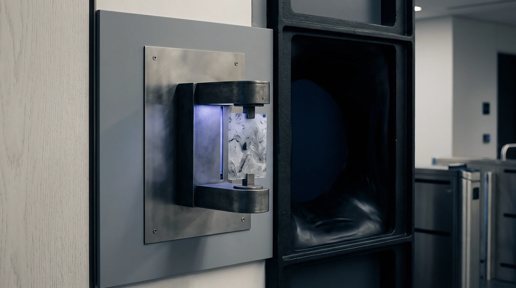 A polymer test specimen is securely clamped within a metal testing fixture mounted vertically on a grey laboratory wall panel.