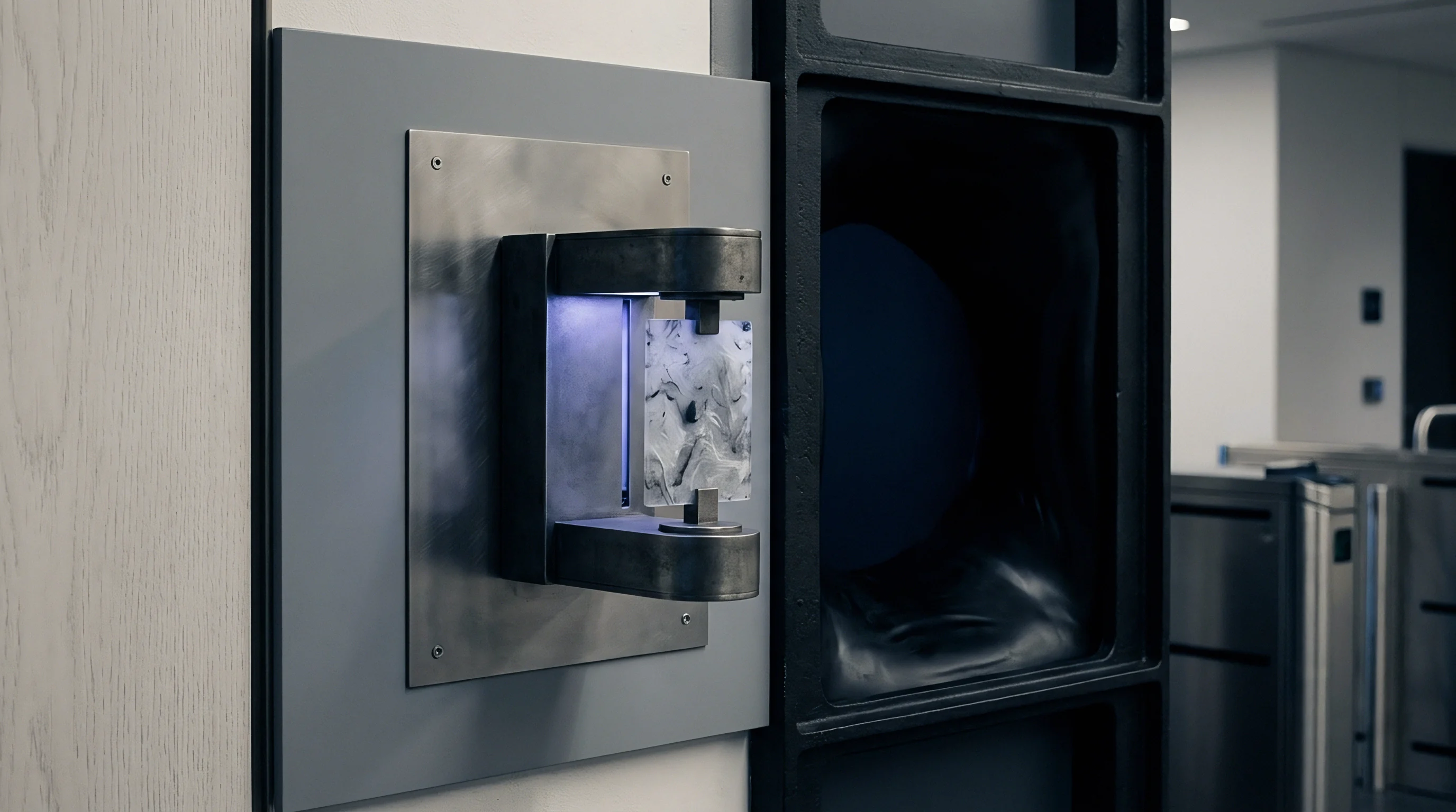 A polymer test specimen is securely clamped within a metal testing fixture mounted vertically on a grey laboratory wall panel.