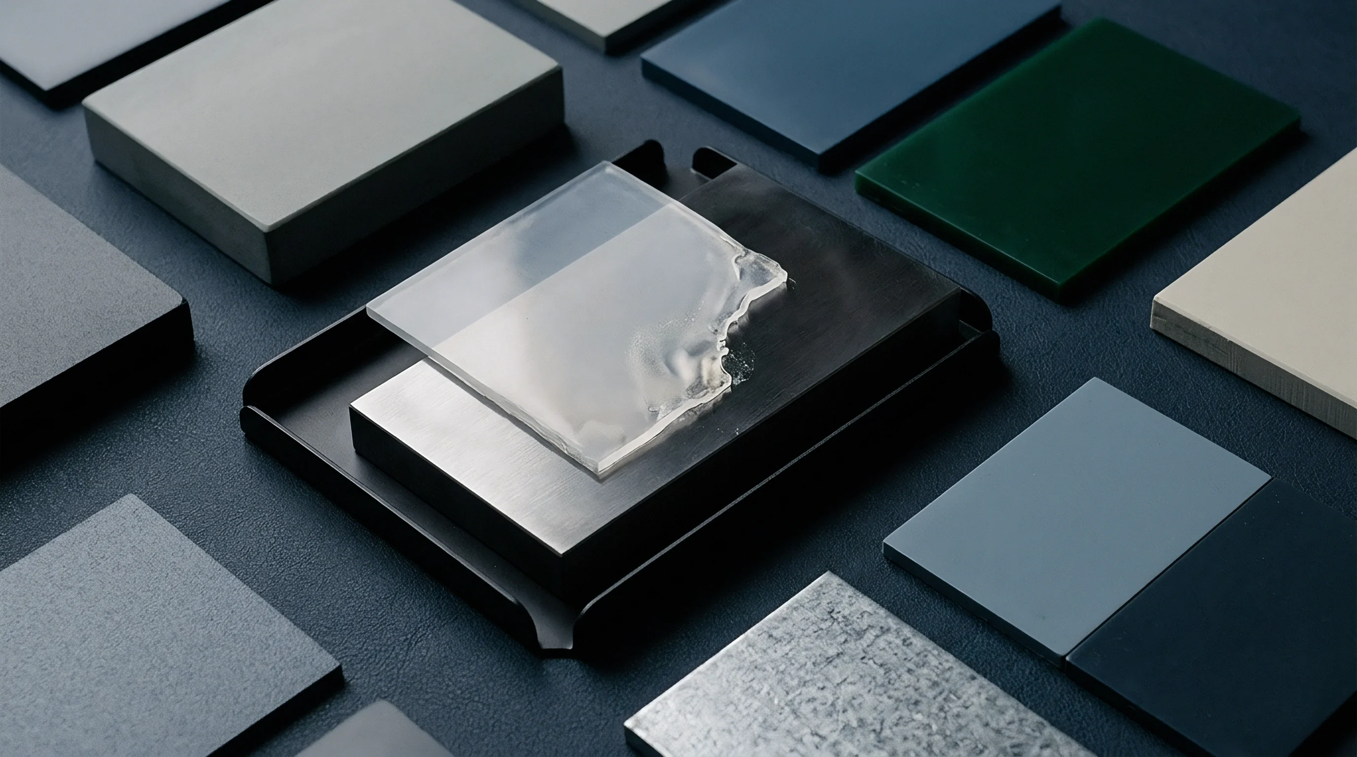 Rectangular polymer tiles in various shades and finishes surround a central black tray containing a metallic substrate and a translucent irregular film.