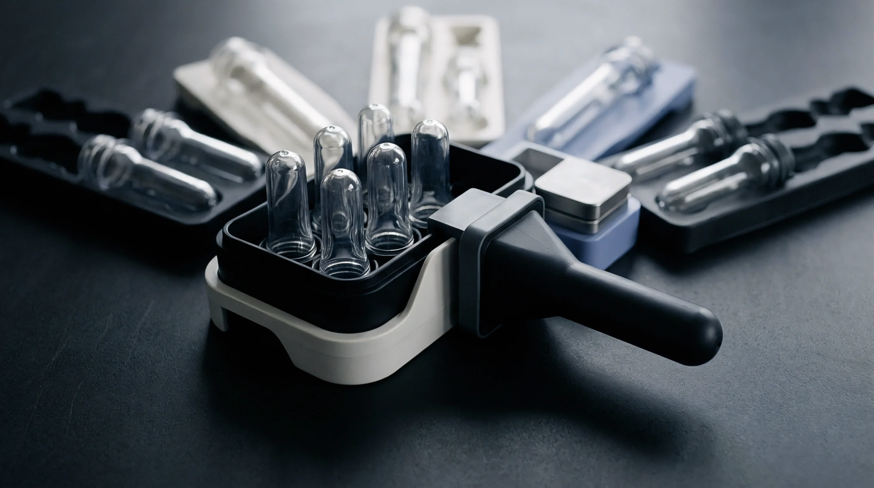 Clear polymer injection preforms rest inside a black testing fixture surrounded by specialized sorting trays across a dark workspace.
