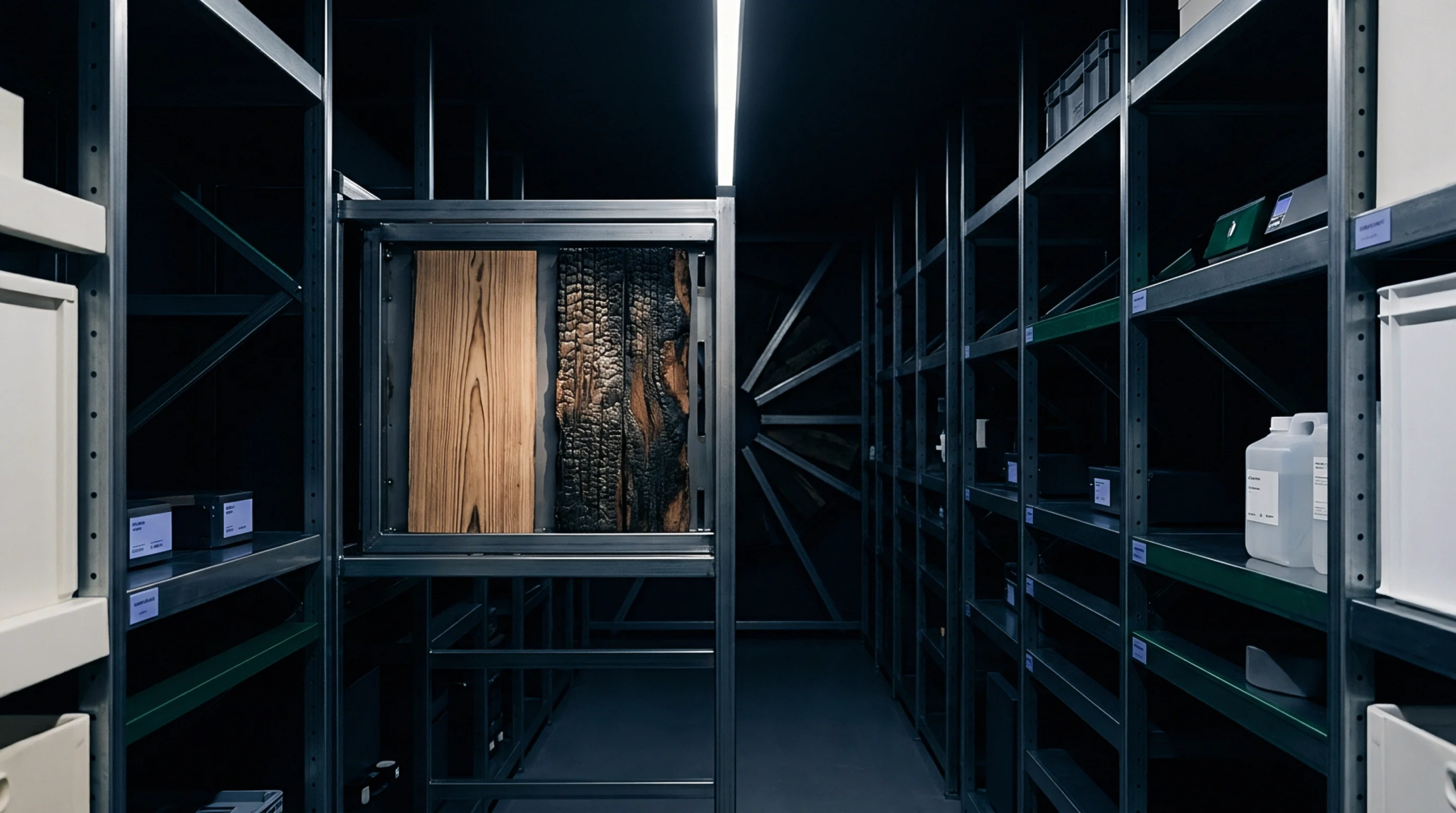 Industrial storage shelving units line a dark archive, holding various material samples and opaque containers, with a central display showing contrasting wood specimens.