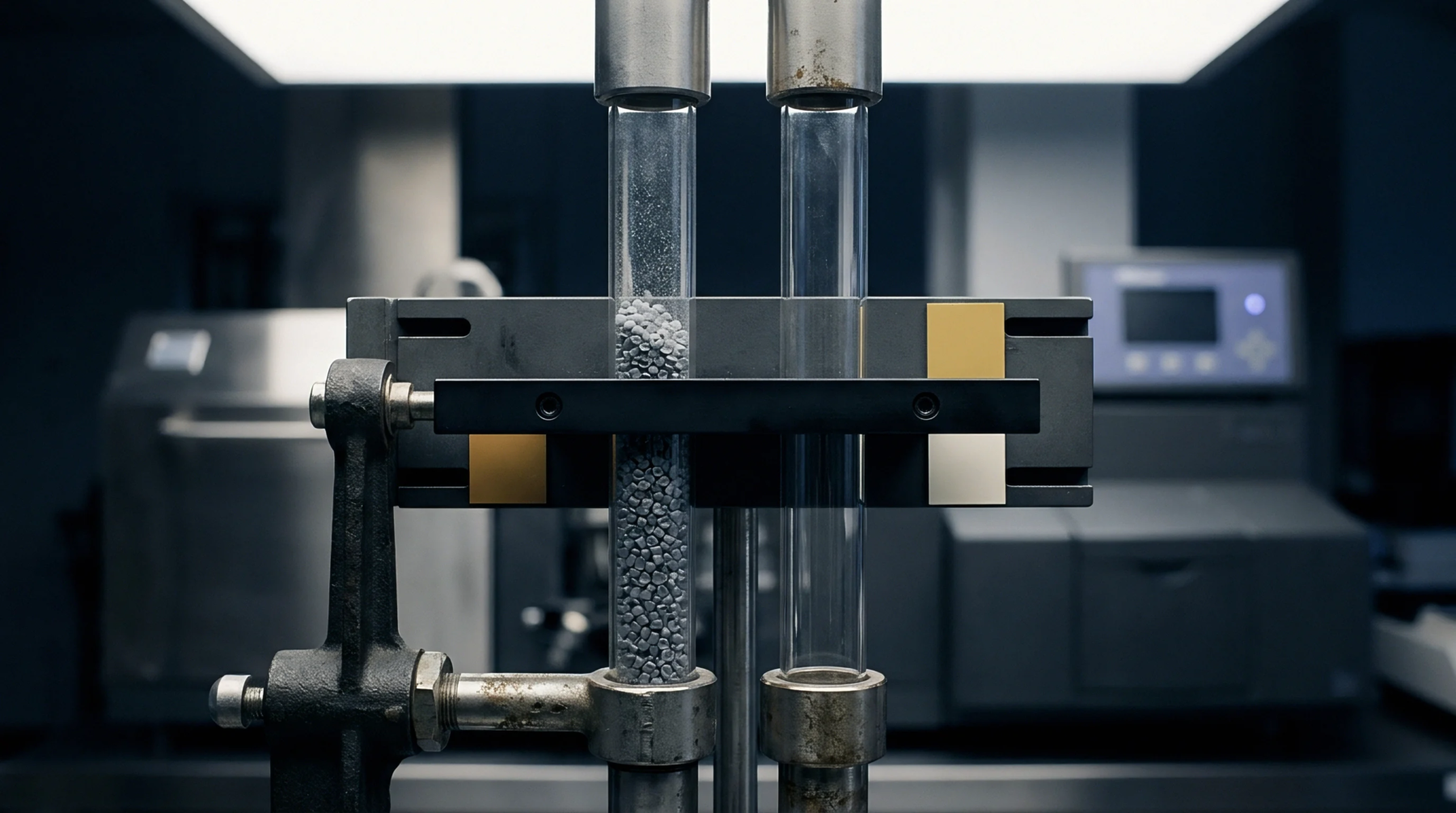 Grey plastic resin pellets fill one vertical glass chamber of a laboratory test apparatus positioned before metallic mounting components and blurred instrumentation.