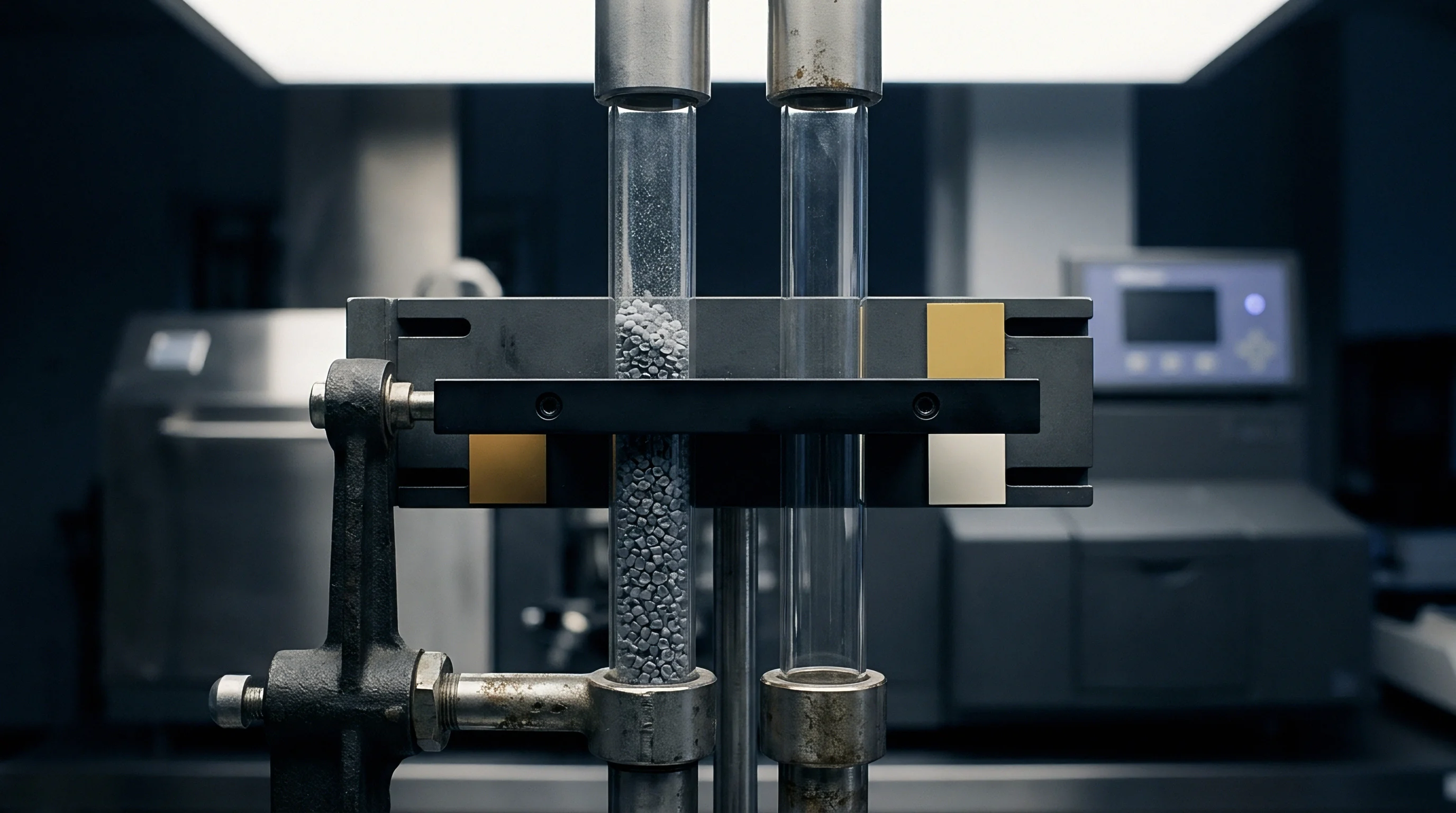 Grey plastic resin pellets fill one vertical glass chamber of a laboratory test apparatus positioned before metallic mounting components and blurred instrumentation.