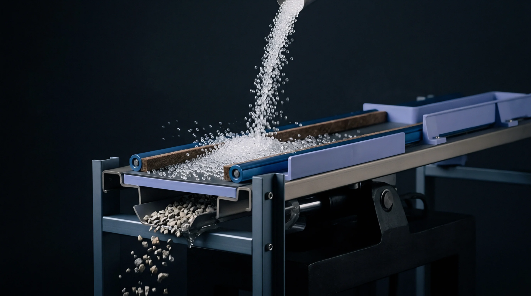 Translucent polymer pellets fall onto a vibratory conveyor while grey mineral aggregate discharges from an internal tray within a metal industrial frame.