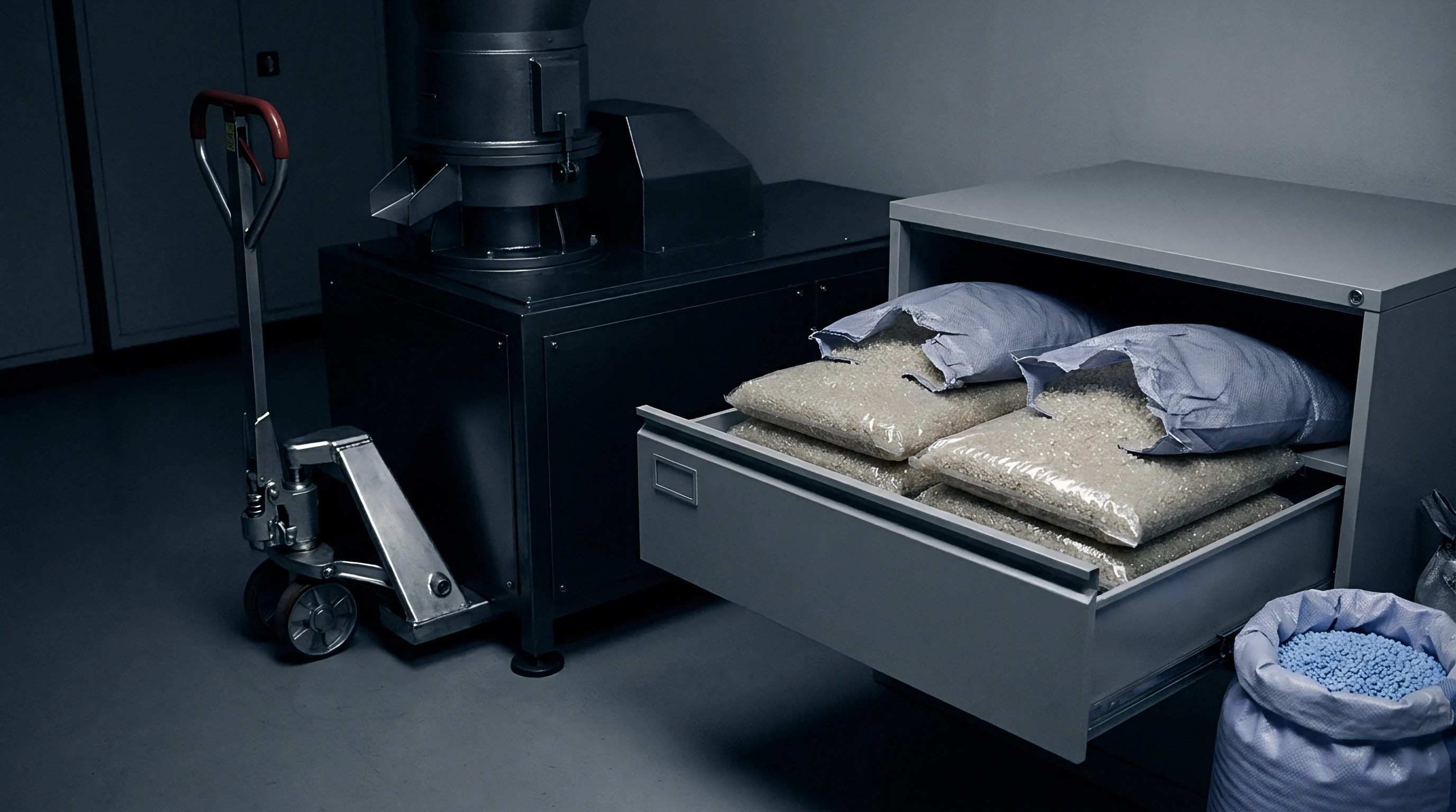 Bags of translucent polymer granules occupy open cabinet drawers next to a heavy industrial processing machine and a manual pallet jack.