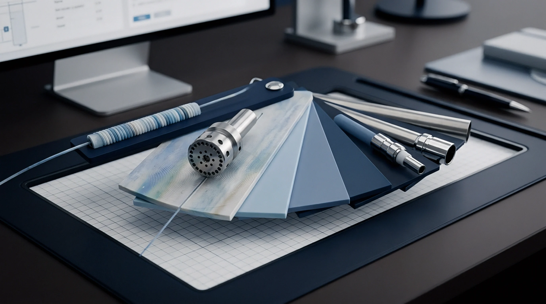 A digital render illustrates polymer resin plaques in gradient shades alongside precision machined nozzles and extruded profile samples on a drafting desk.