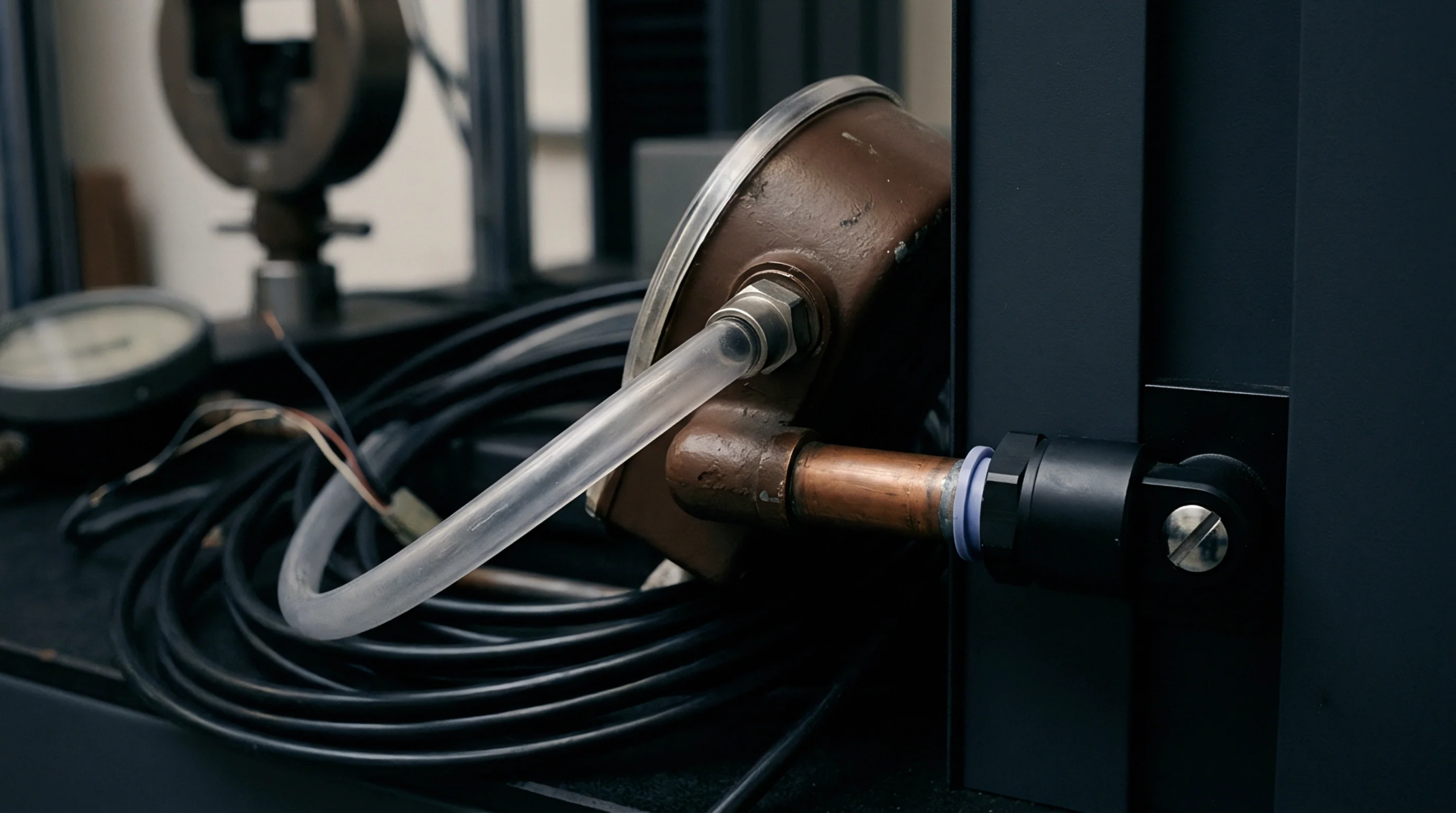 A clear polymer tube connects to an aged metal instrument, with a copper pipe extending to a black plastic fitting on a dark machinery frame.