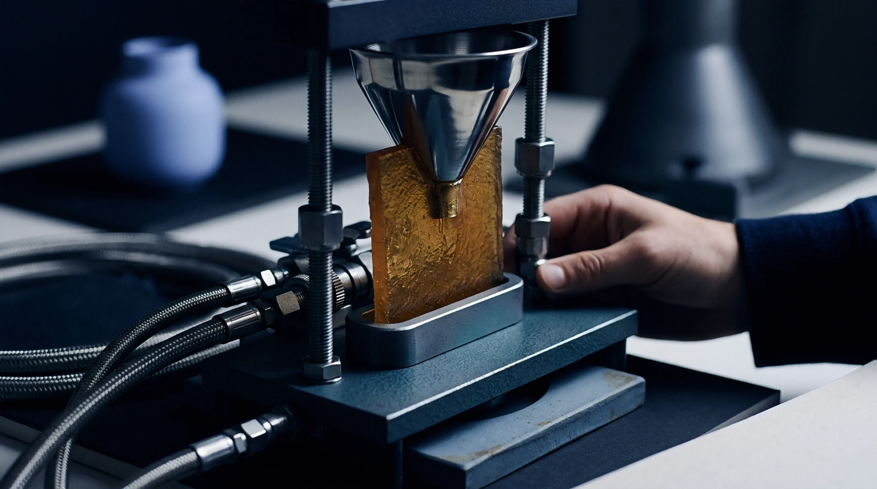 A metal compression press holds a translucent amber polymer sheet beneath a polished steel funnel within an industrial laboratory workstation.