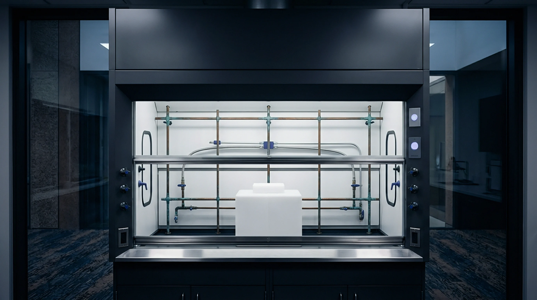 A contemporary laboratory fume hood houses a white molded polymer container surrounded by utility connections and illuminated controls.