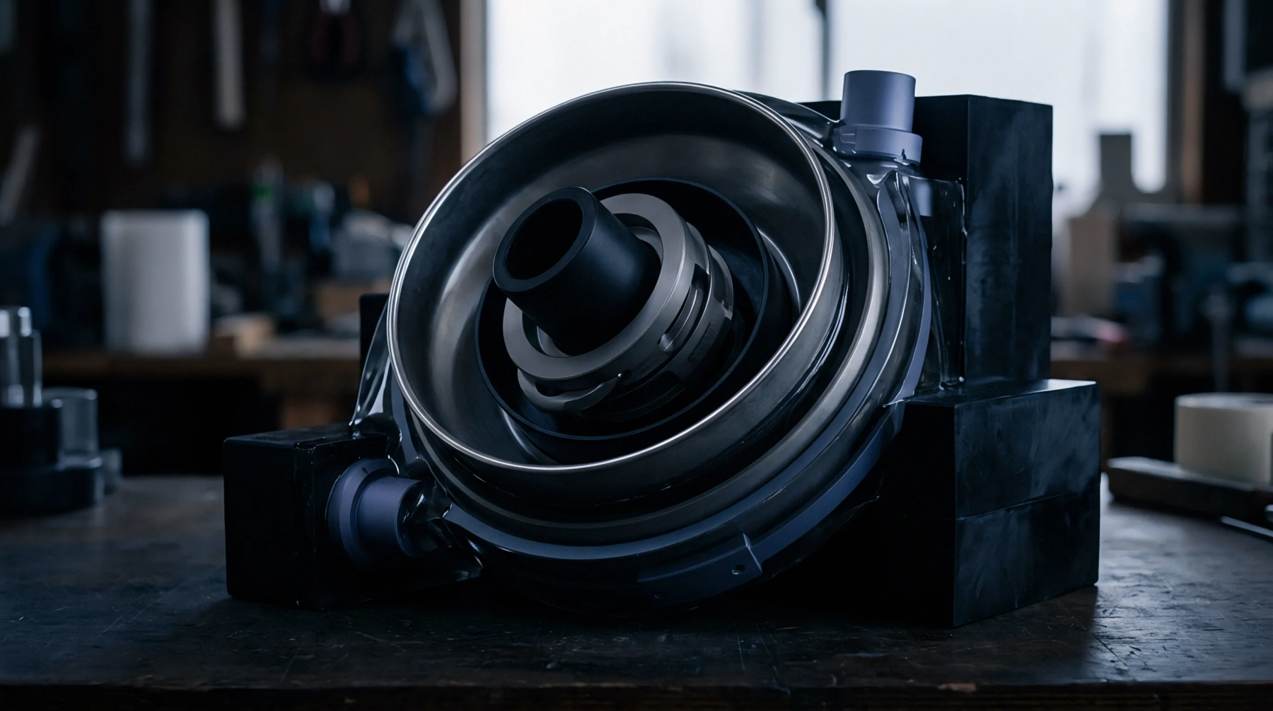 A complex multi part steel tool insert with central cylindrical components rests on a dark wooden industrial workbench in a workshop.