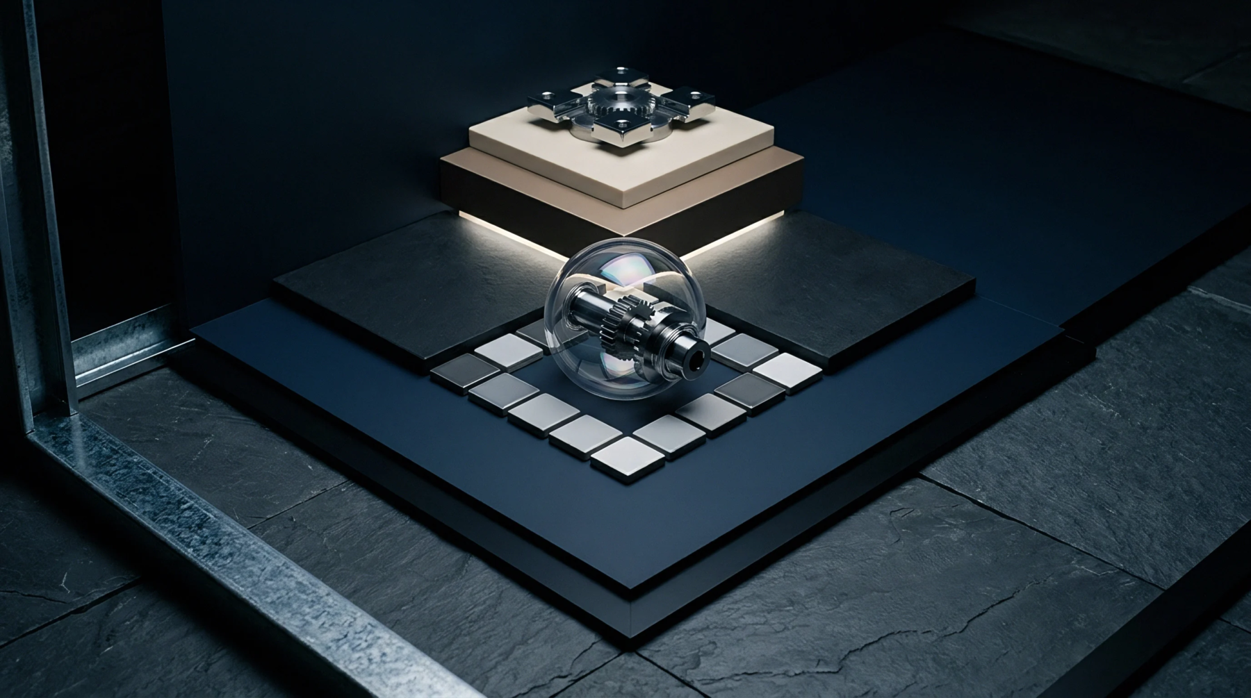 Digital render displays a chrome gear assembly inside a glass sphere positioned upon a tiered platform surrounded by square modular tiles.
