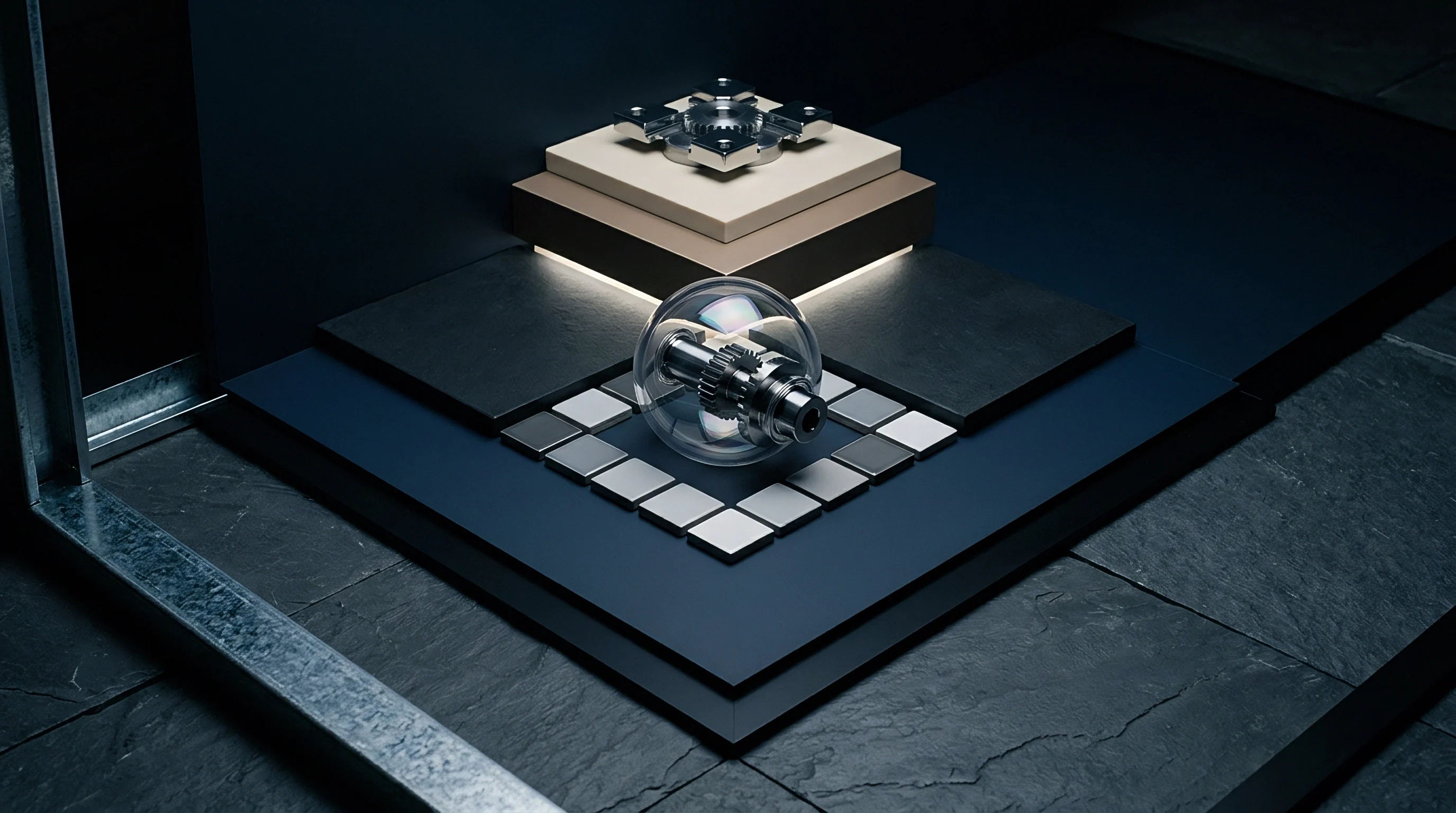 Digital render displays a chrome gear assembly inside a glass sphere positioned upon a tiered platform surrounded by square modular tiles.
