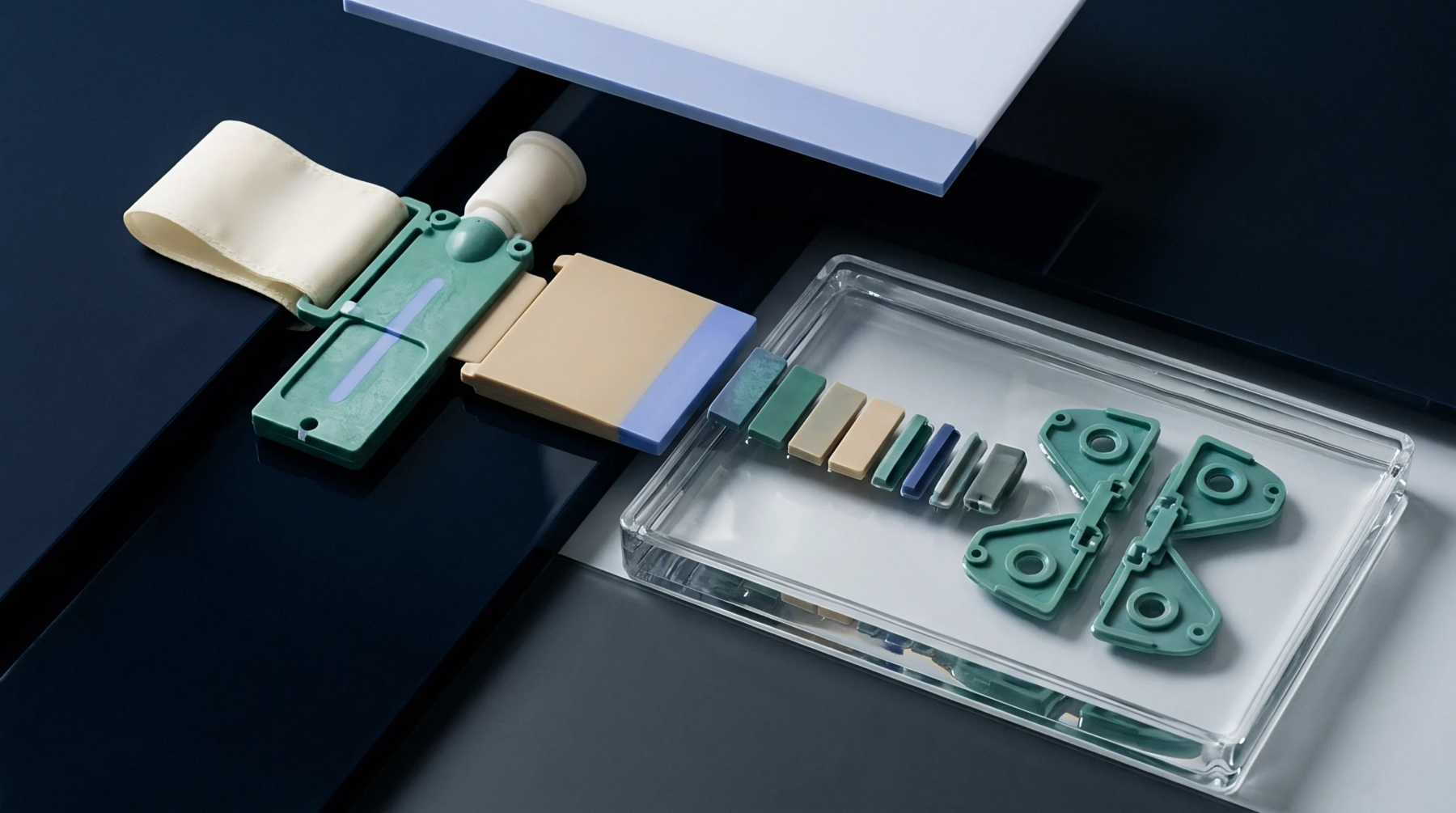 Various thermoplastic injection moulded components and a fabric strap sit arranged within clear trays on a dark geometric surface.