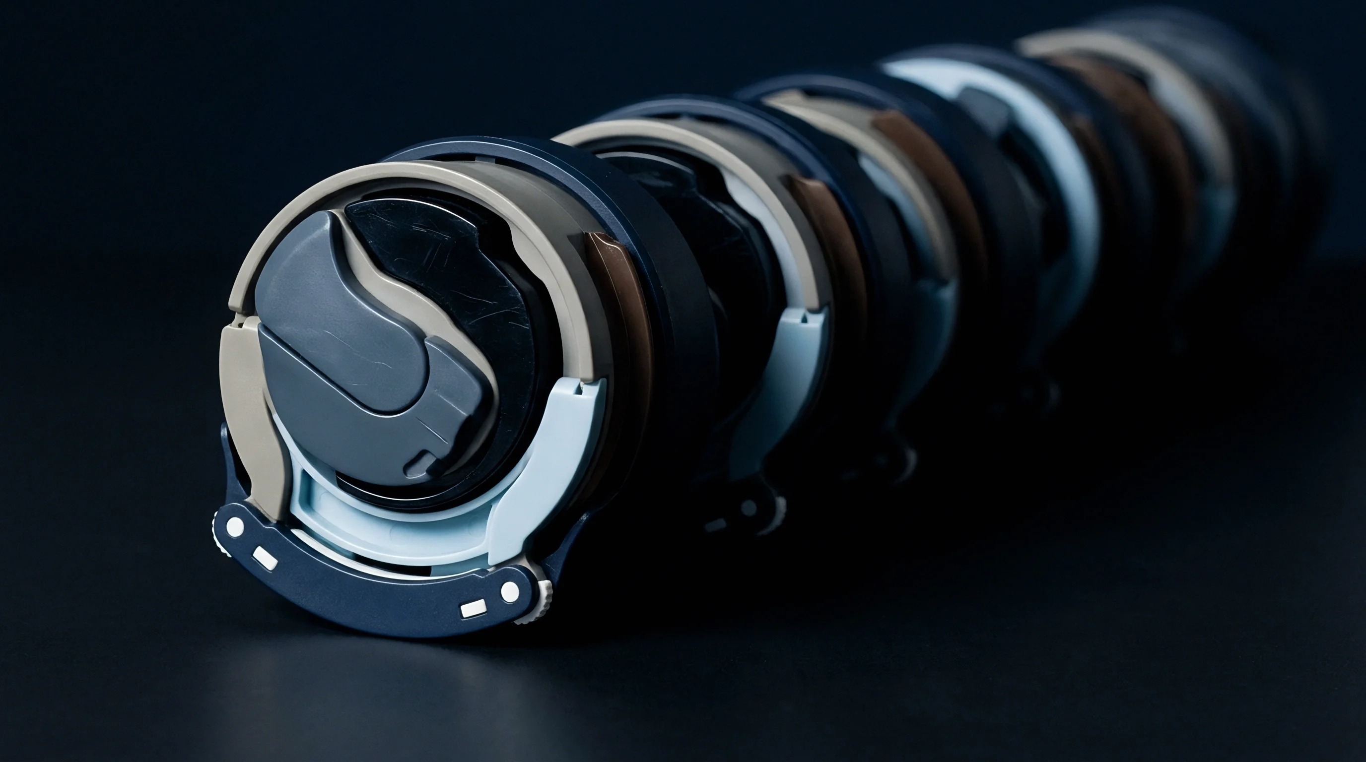 Multiple injection moulded thermoplastic components align in a repetitive row against a dark background to demonstrate production uniformity and assembly configuration.