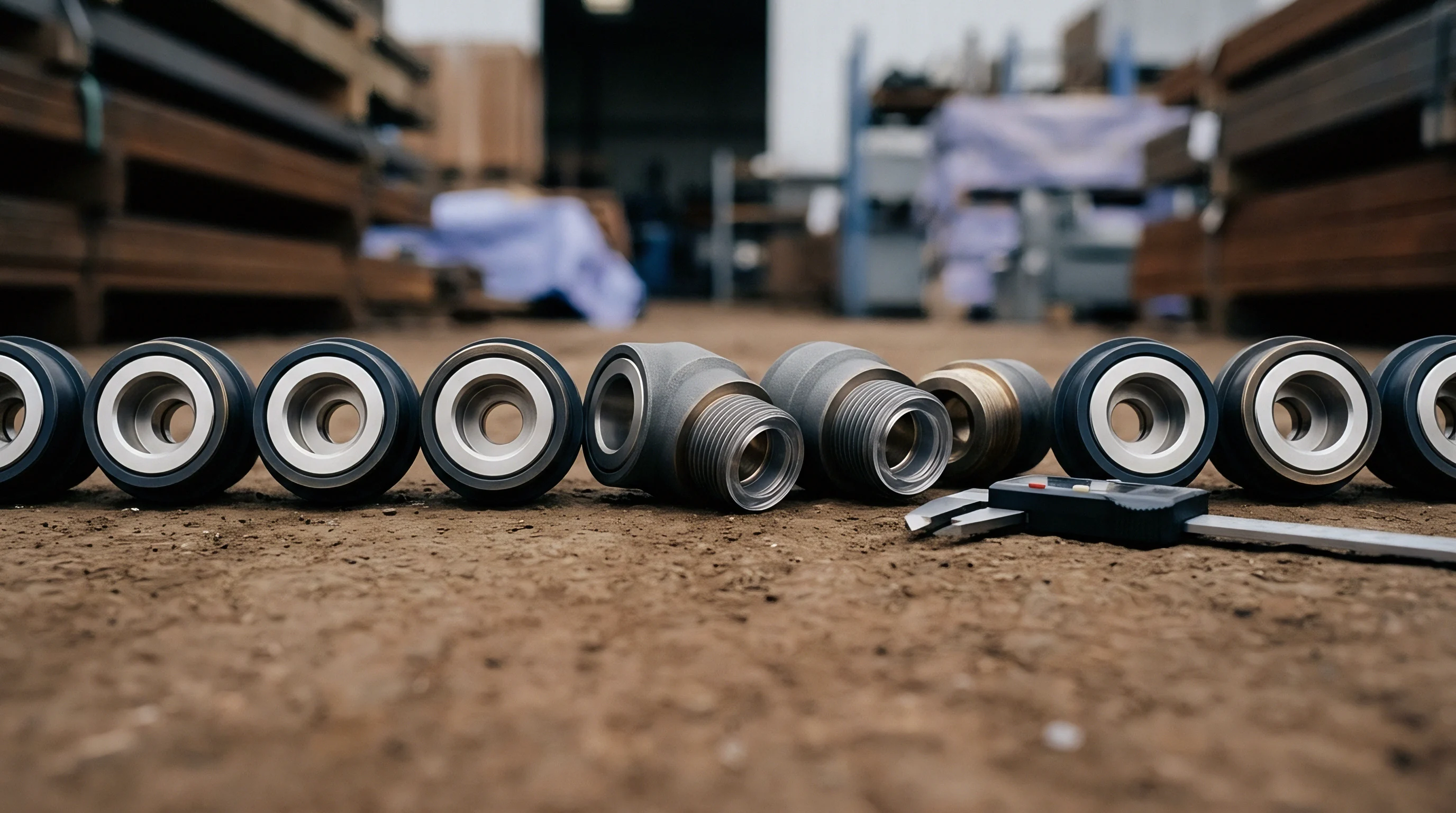 Metallic industrial fittings and polymer lined bushings rest on a factory floor alongside a digital caliper during dimensional verification.