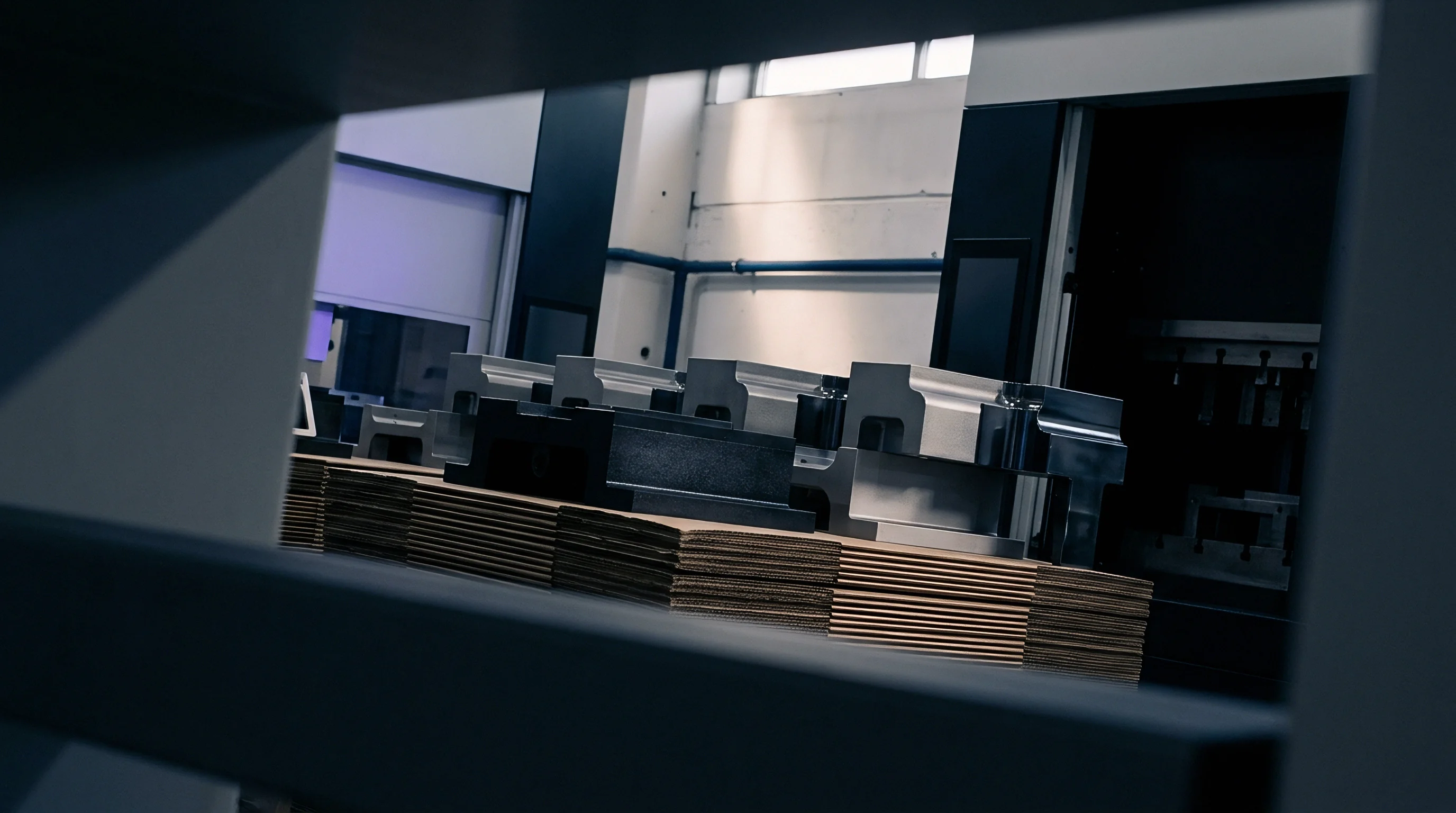 Precision machined steel mold inserts rest atop a stack of corrugated cardboard sheets near an industrial manufacturing station.